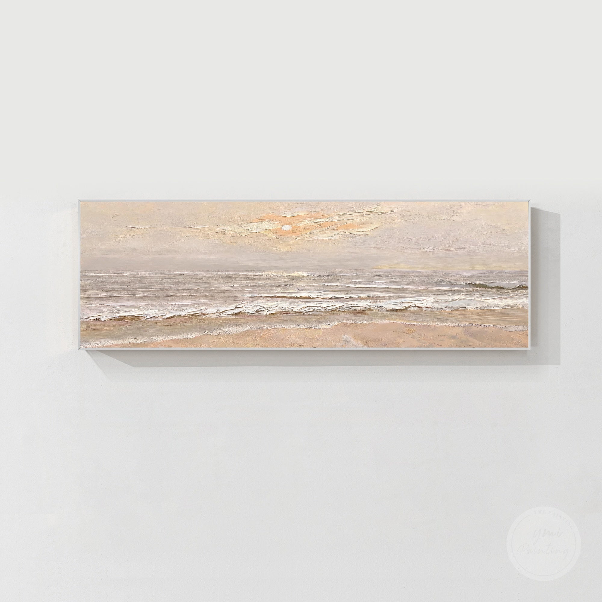 Hand-painted neutral ocean artwork with cream sand beige water and subtle blush tones