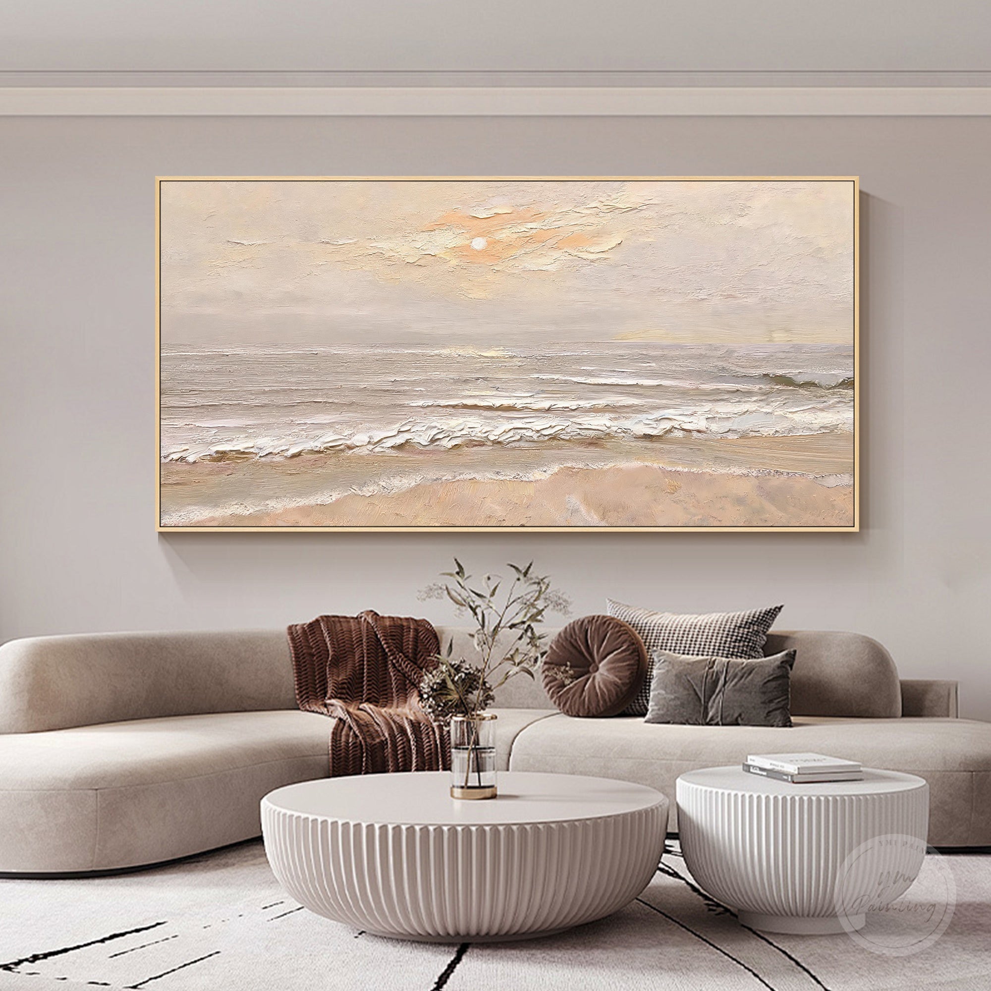 Neutral beige ocean wall art with textured waves and a soft coastal horizon