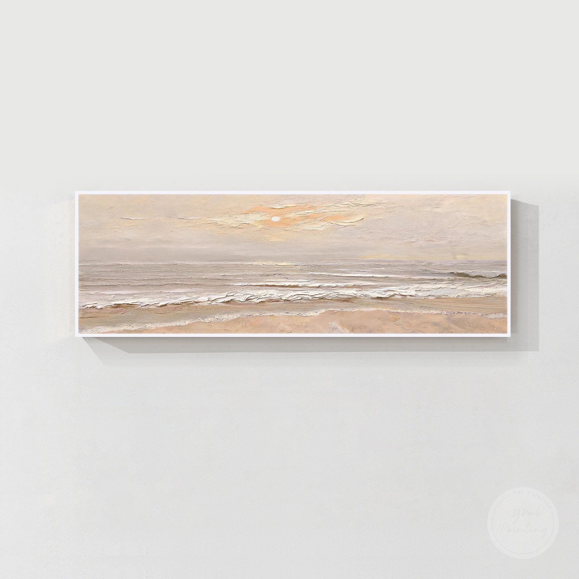 Neutral beige ocean wall art with textured waves and a soft coastal horizon