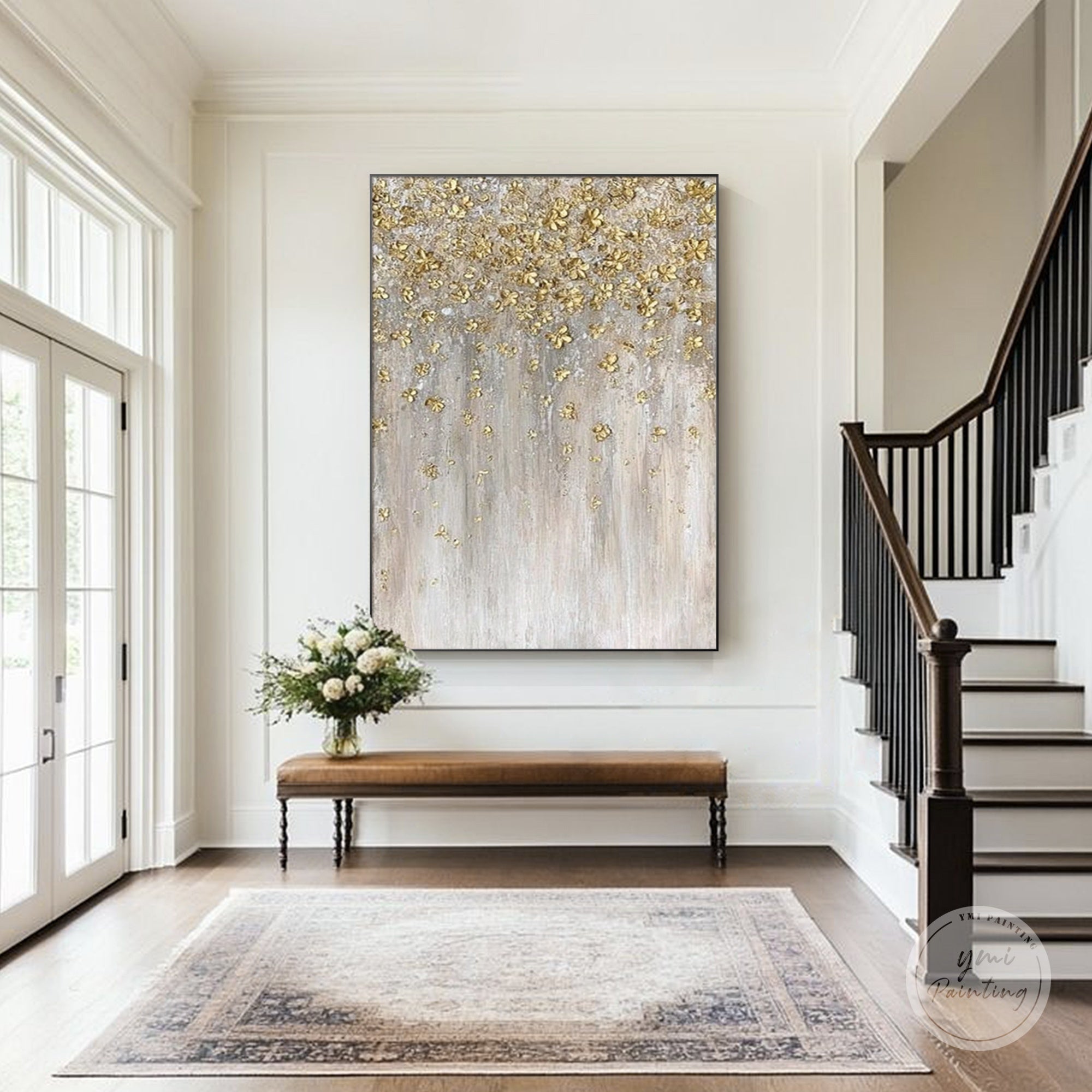 Hand painted vertical abstract canvas featuring layered gold texture