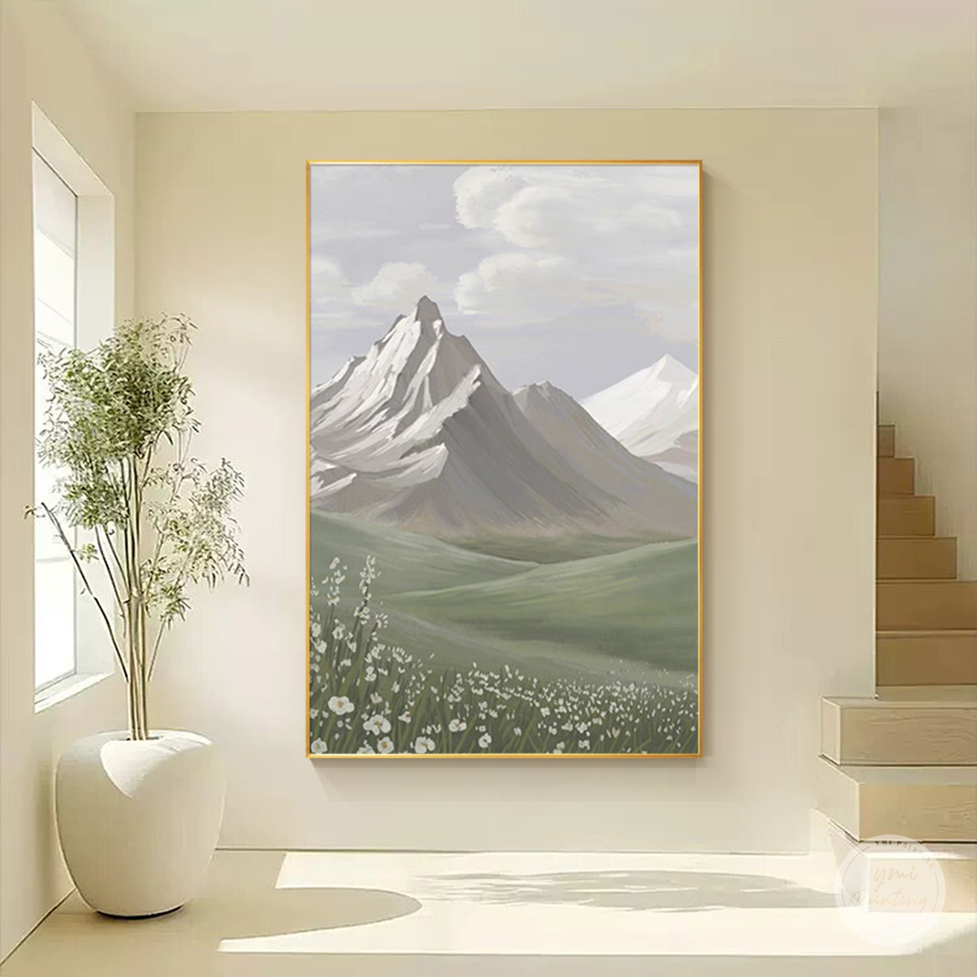 White wildflowers and soft mountains canvas art perfect for entryway decor