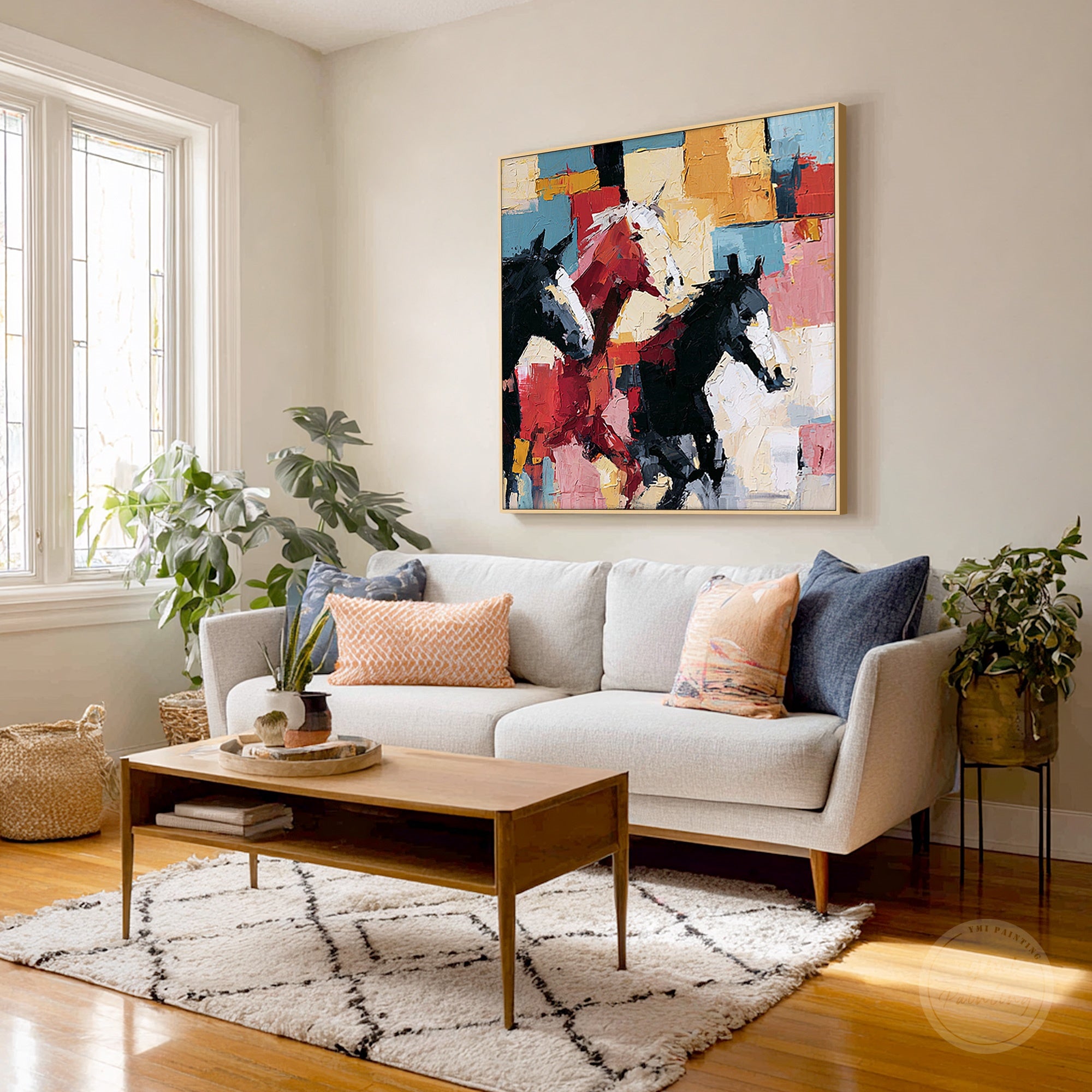 Textured horse canvas artwork with colorful artistic background