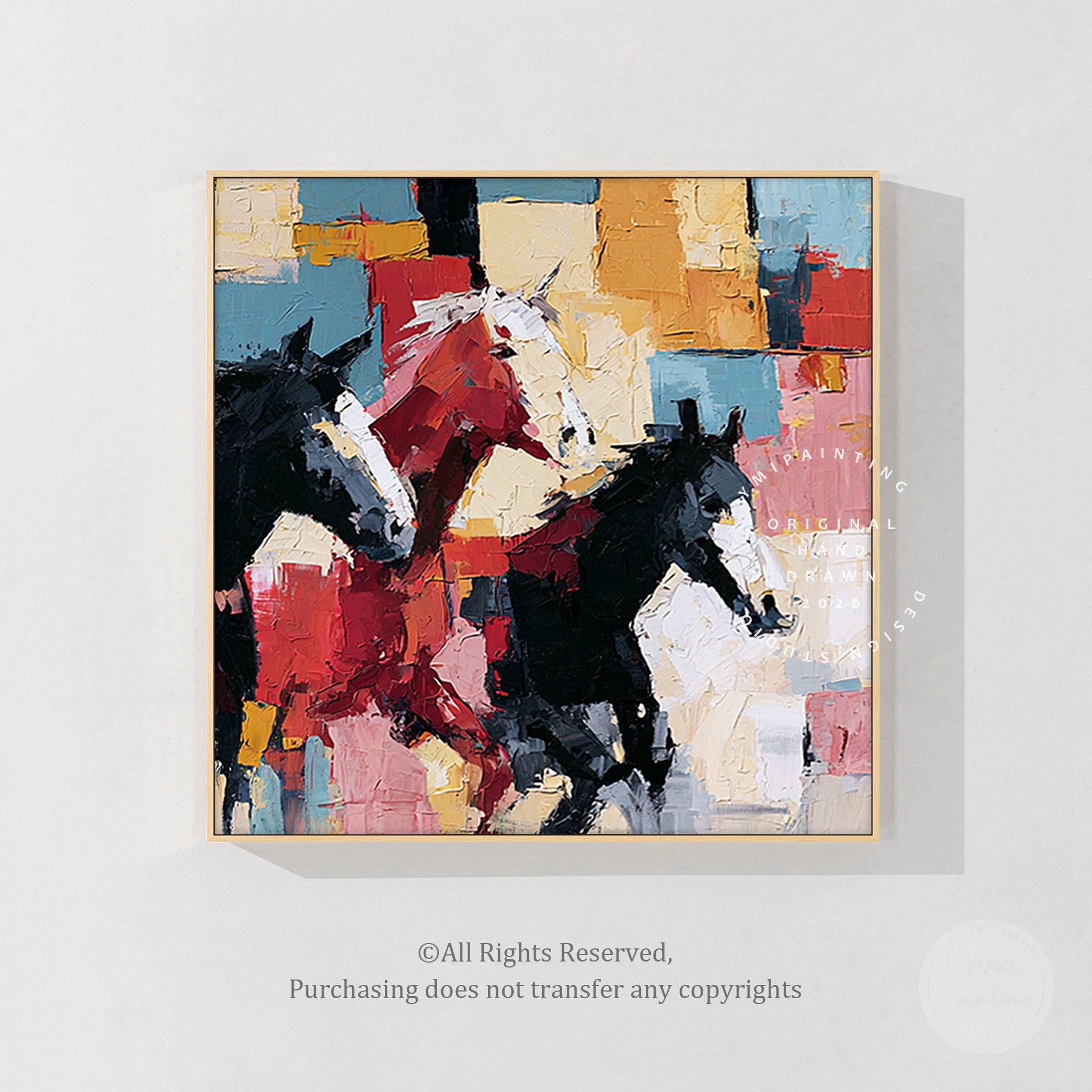 Colorful abstract horse painting with textured equestrian artwork details