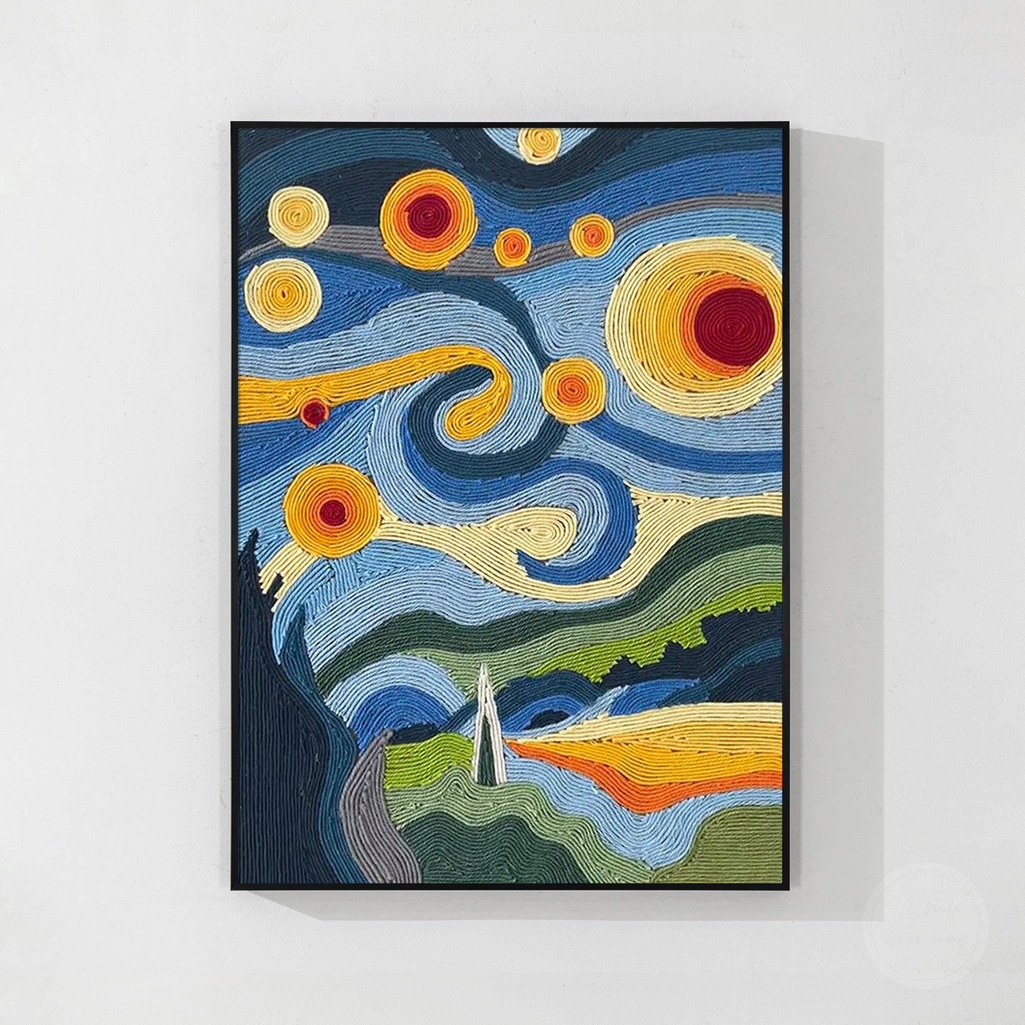 Handmade textile wall art with flowing fiber patterns