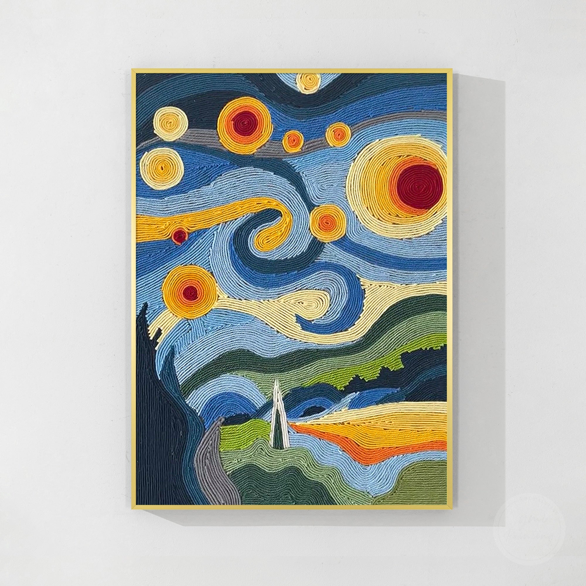 Colorful abstract fiber art wall hanging with woven texture