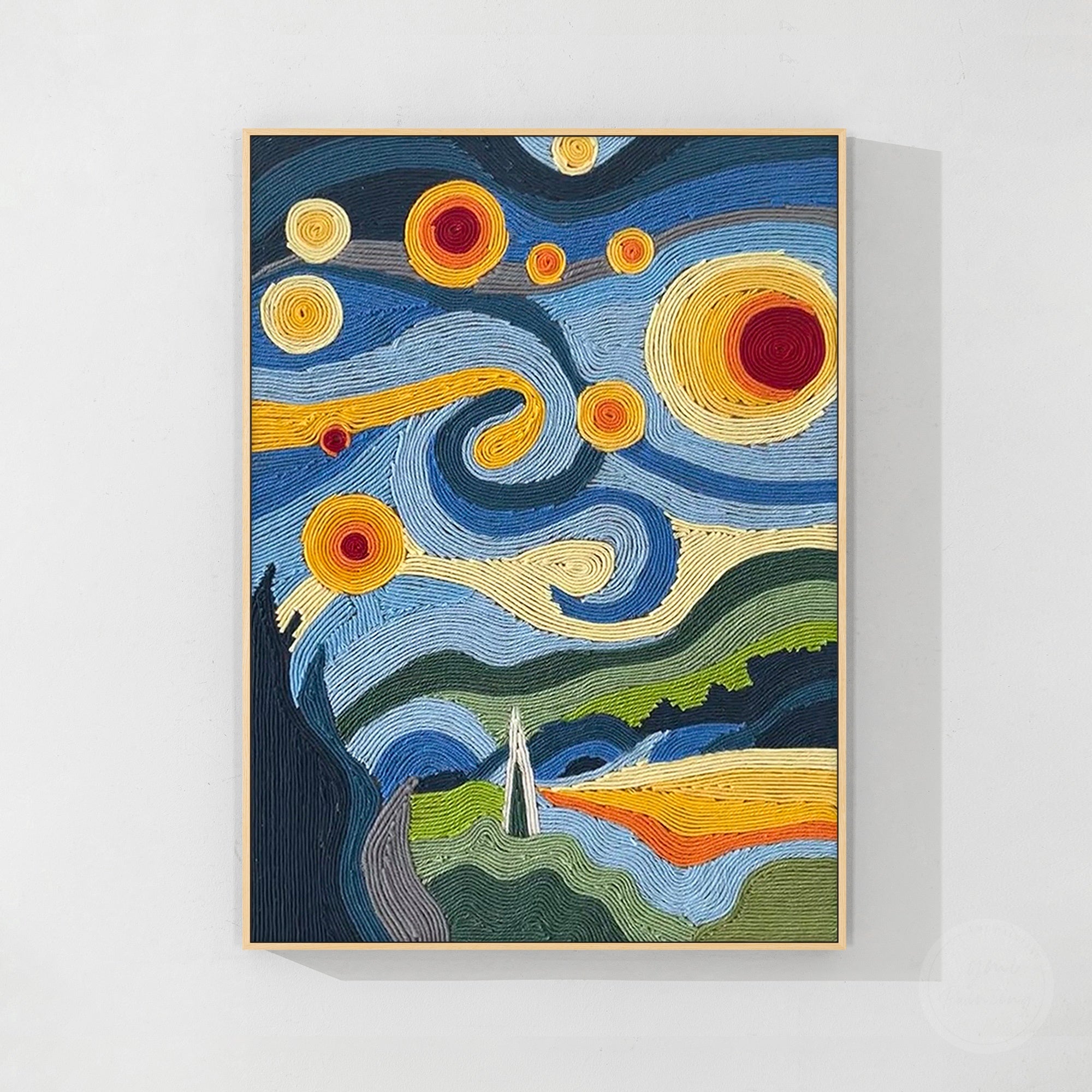 Contemporary fiber painting with dimensional textile details