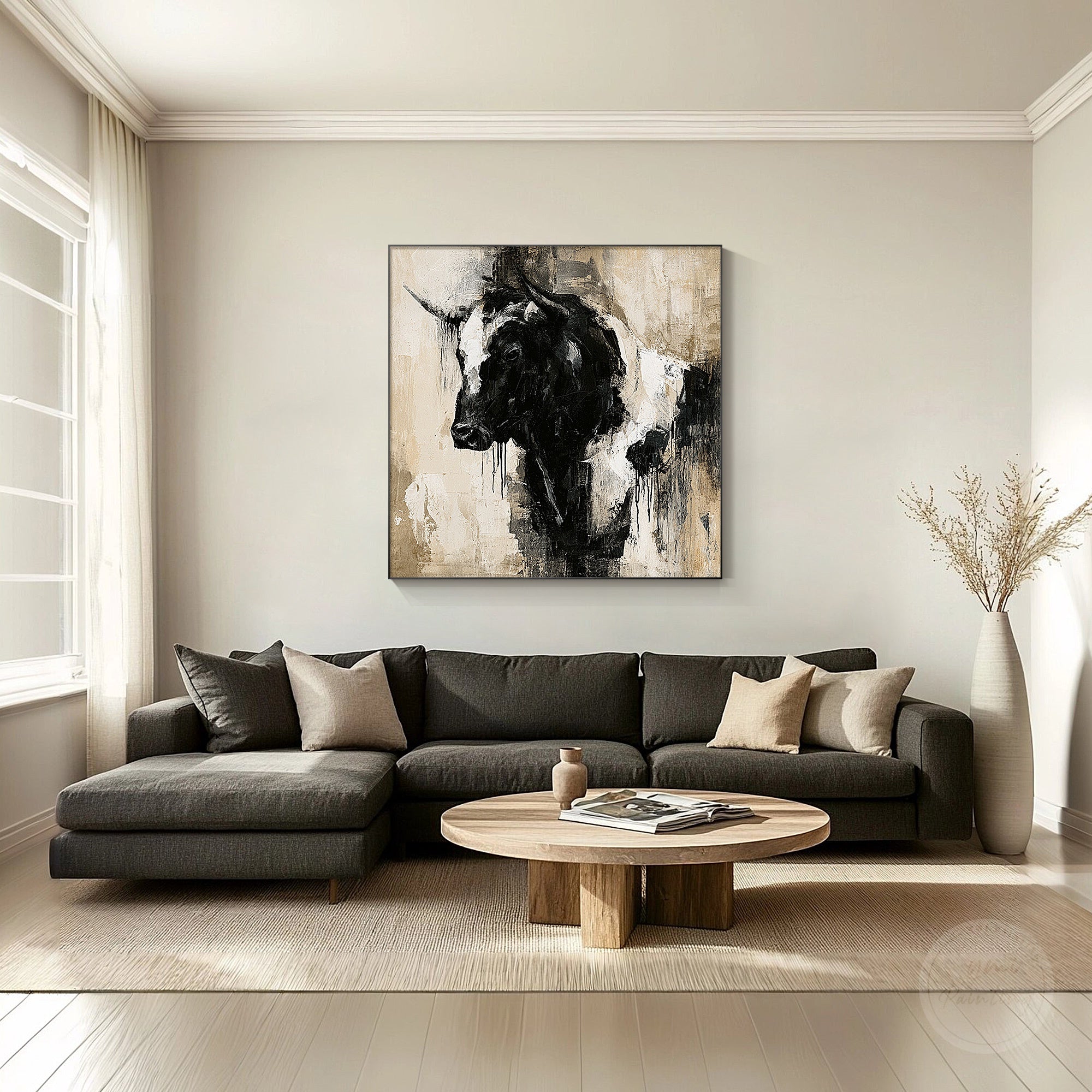 Textured animal painting featuring a powerful black bull design