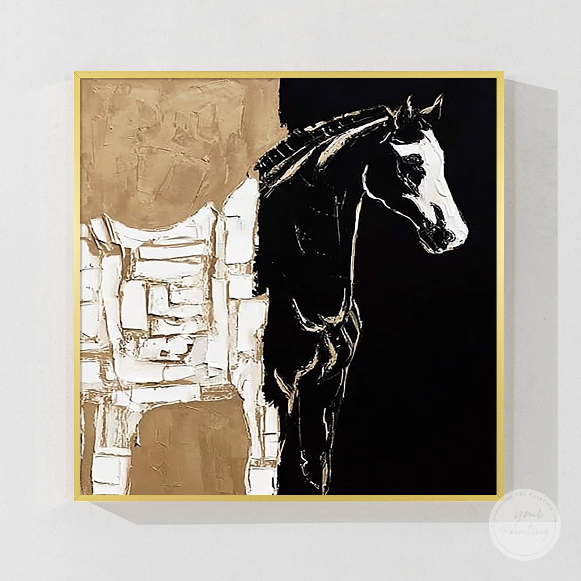 Farmhouse style horse artwork with neutral colors and texture
