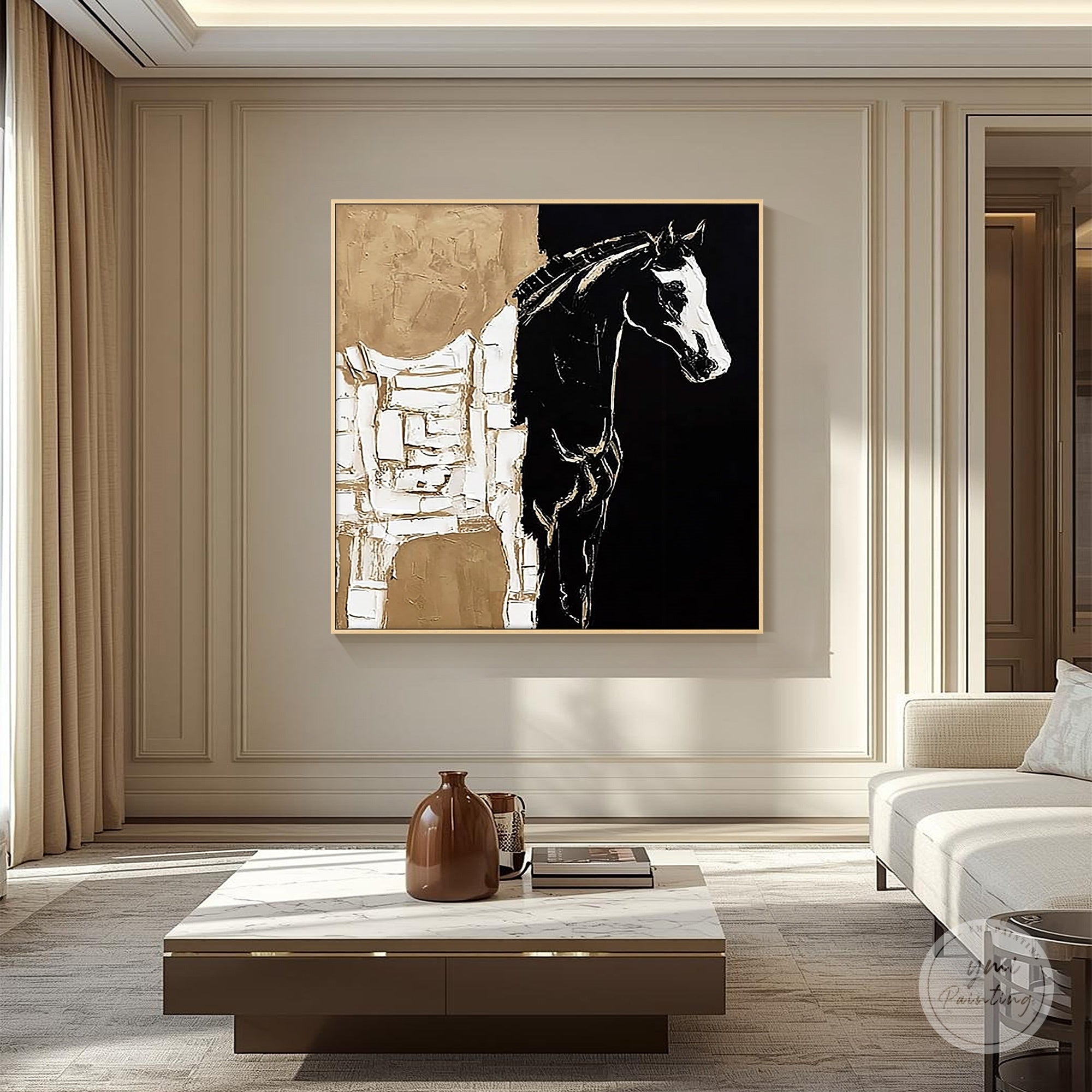 Black and white horse painting with abstract textured canvas details