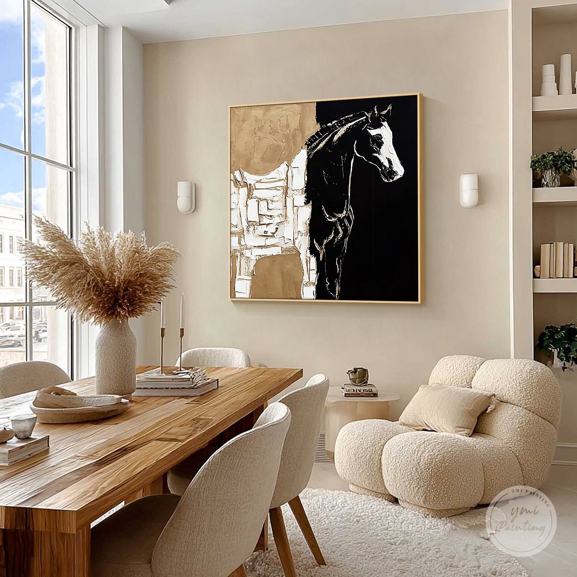 Black and white horse painting with abstract textured canvas details