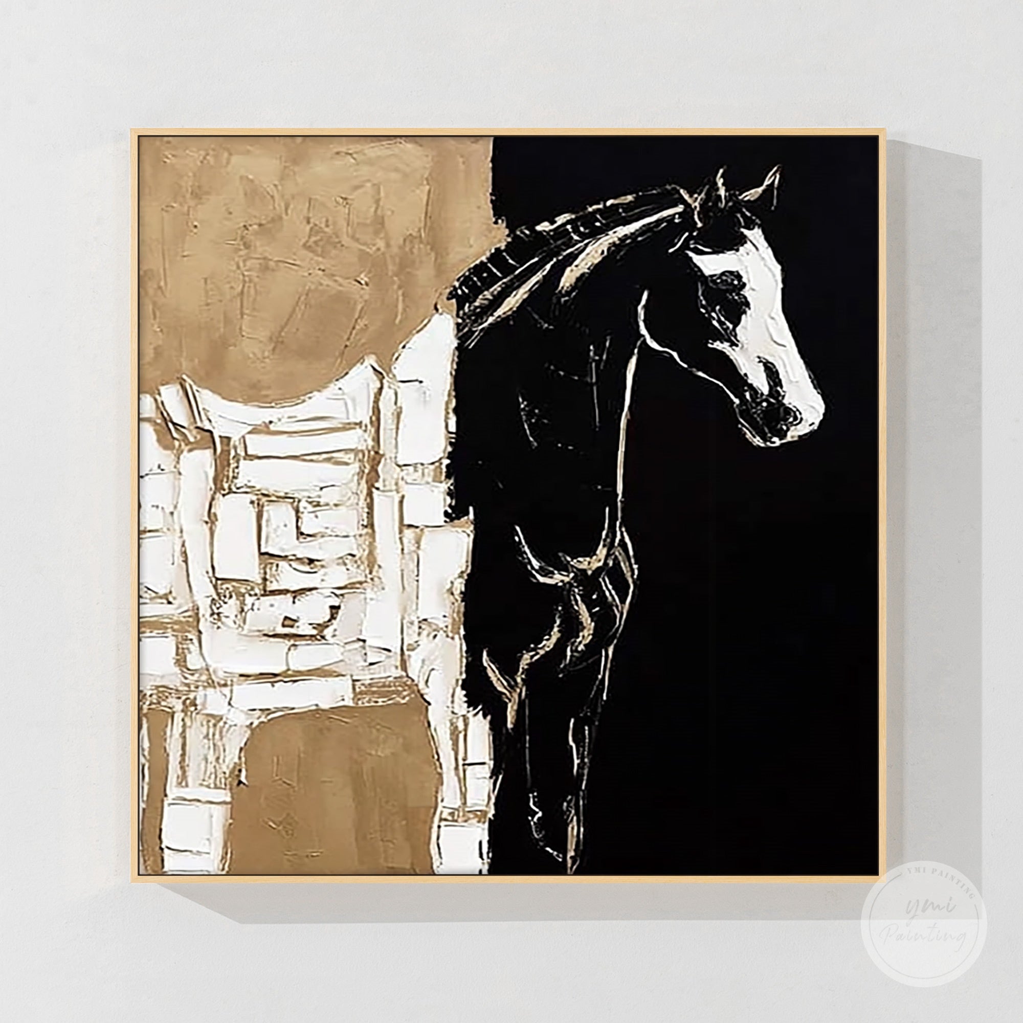 Black horse painting with white highlights and artistic brush texture