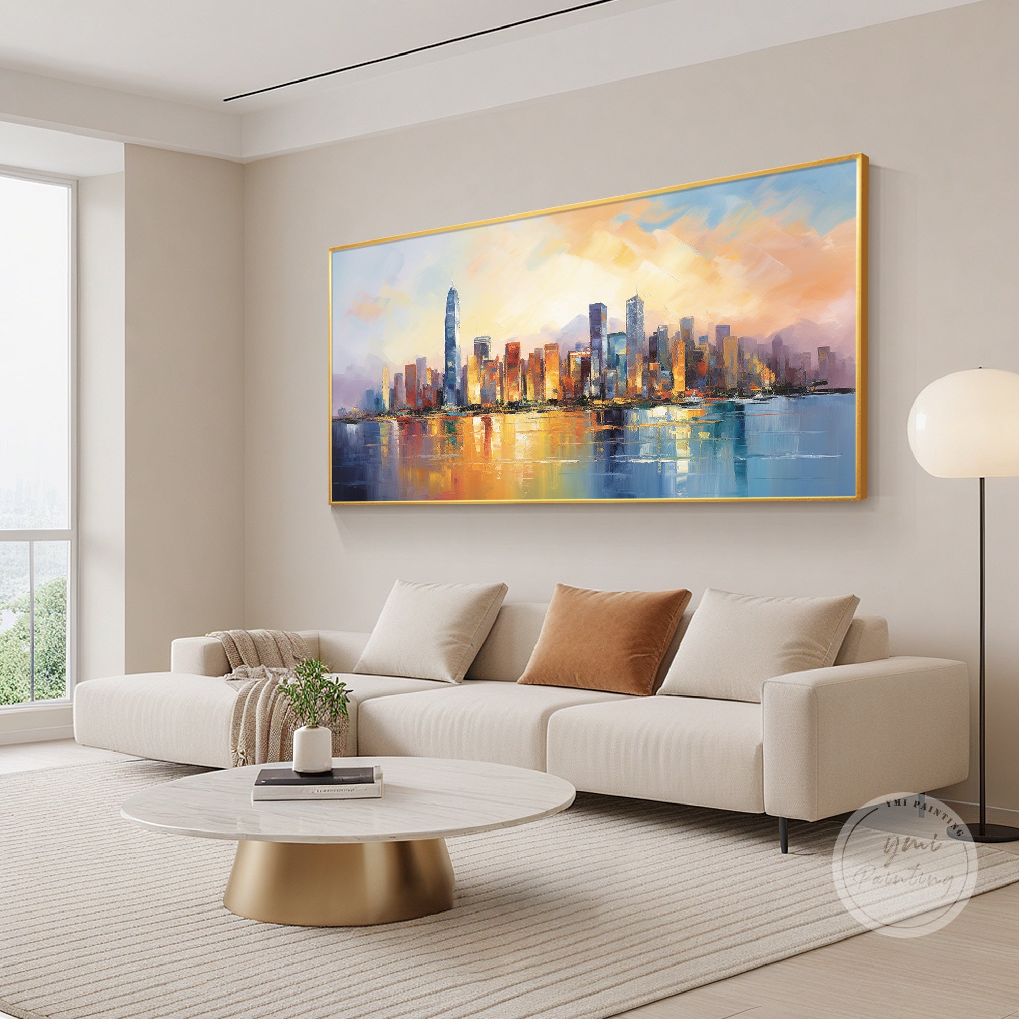 Impasto Hong Kong harbor wall art displayed in a contemporary living room, ideal gift for architecture enthusiasts