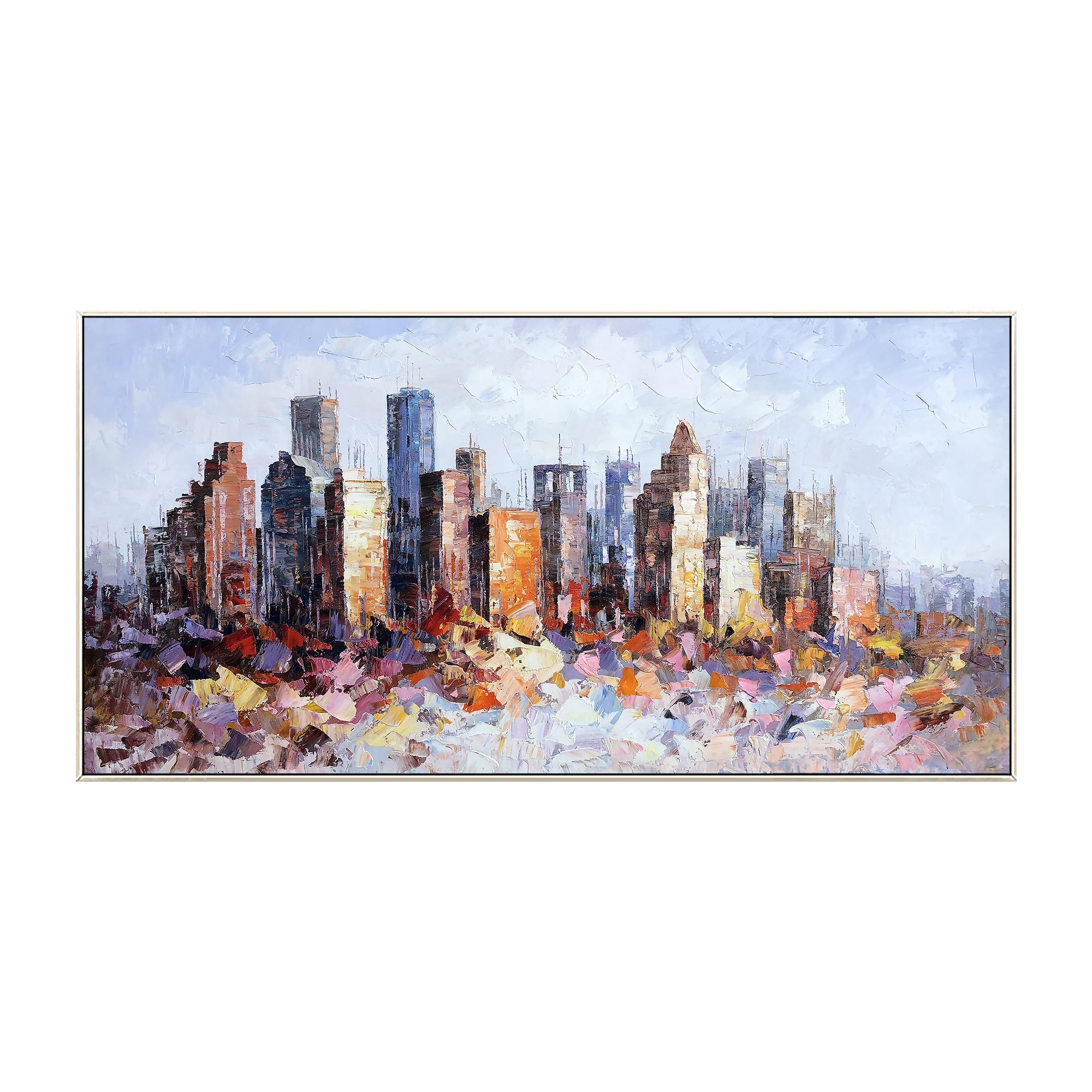 Houston cityscape oil painting with abstract palette knife texture, capturing the essence of the city.