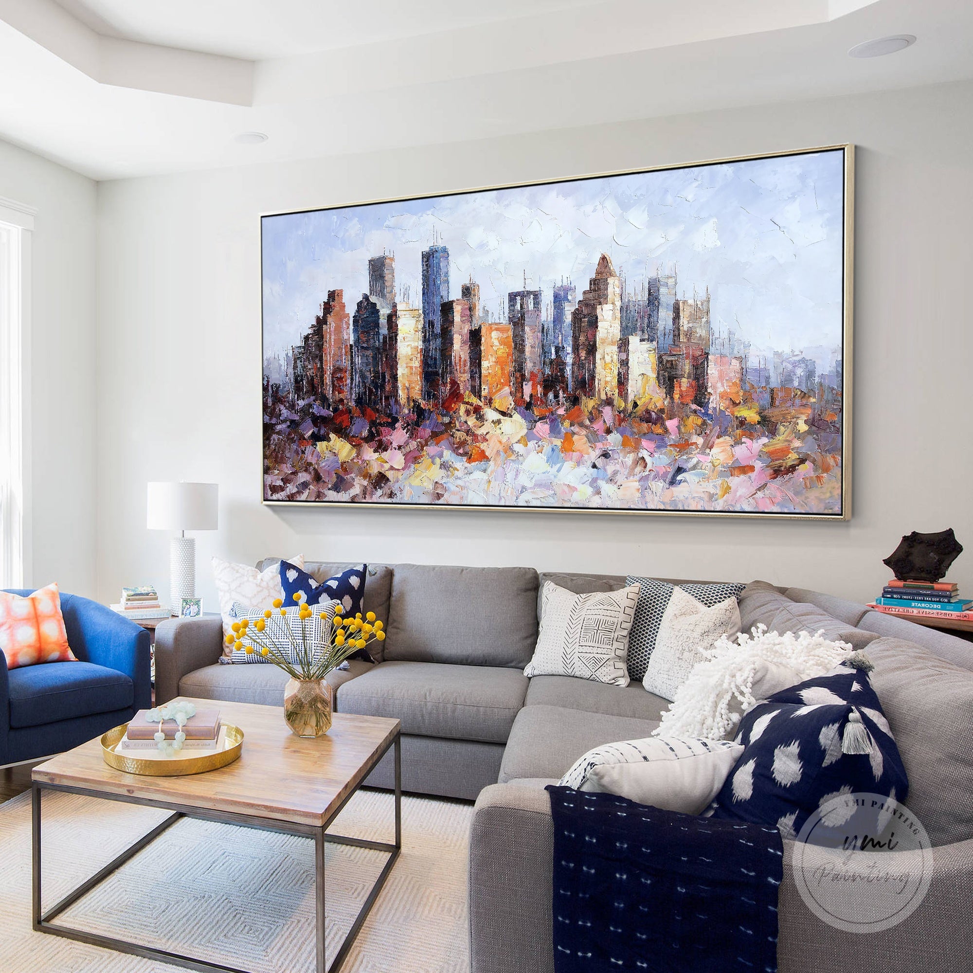 Hand-painted abstract Houston cityscape, perfect for contemporary urban home decor.