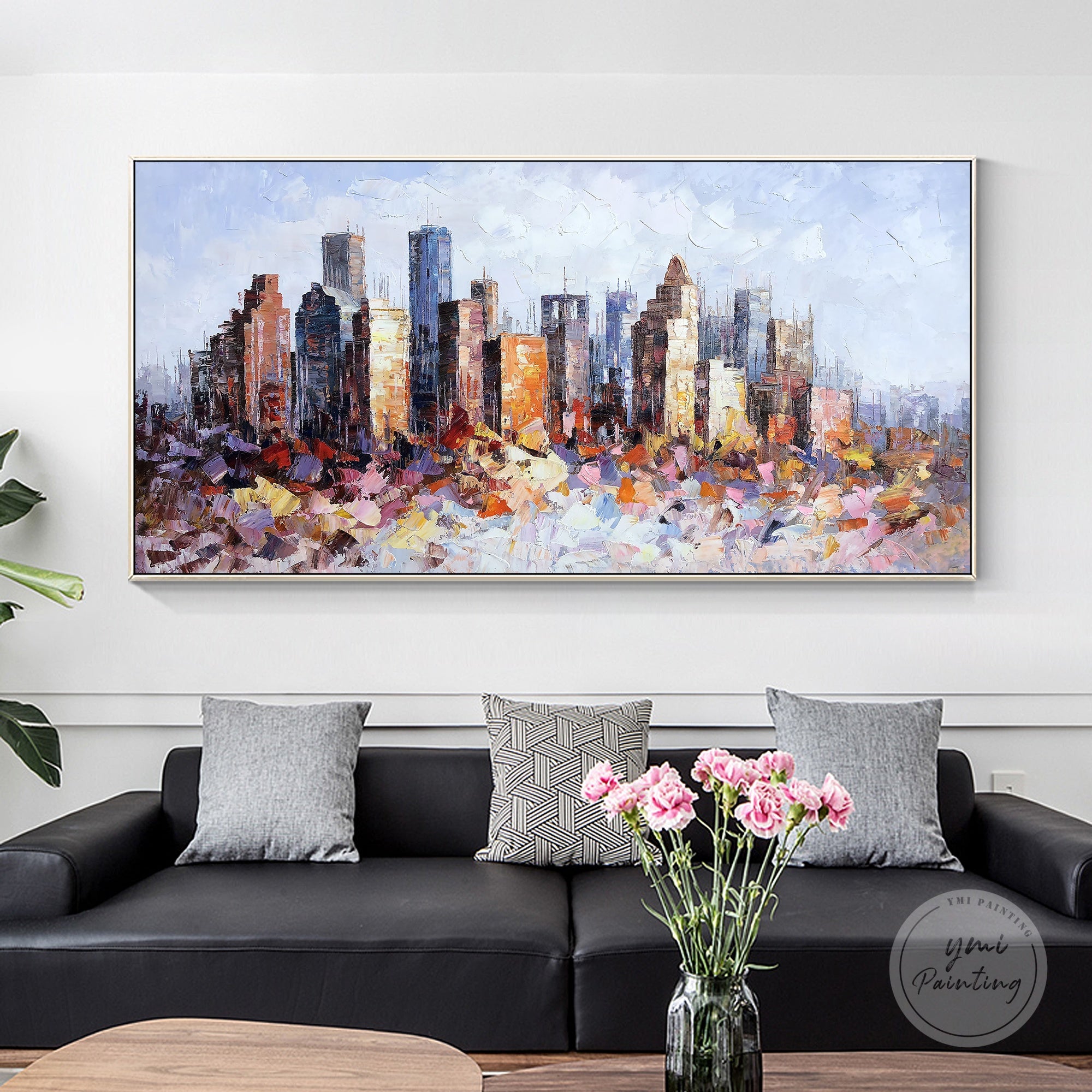 Modern Houston cityscape oil painting with textured details, perfect for creating a dynamic focal point.