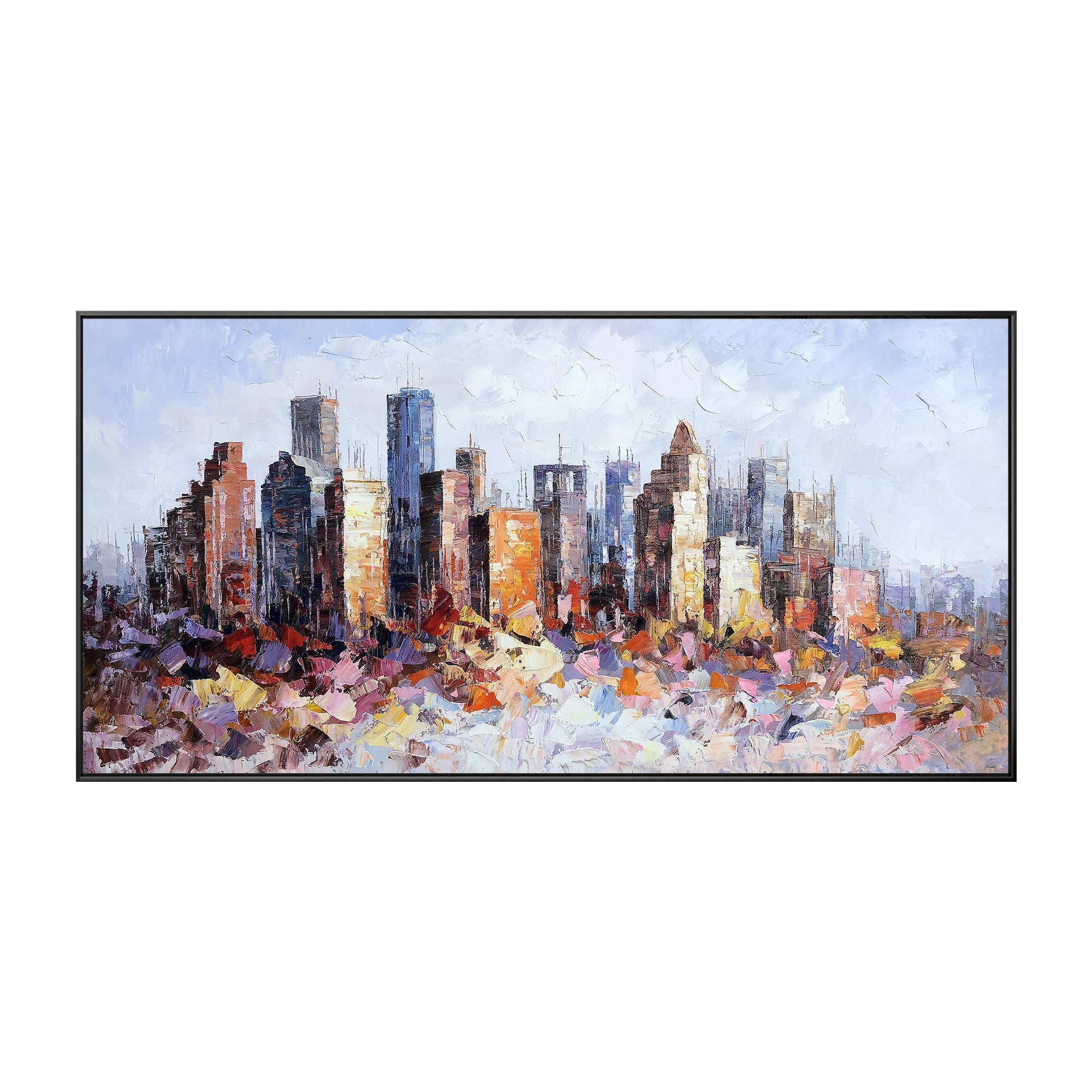 Hand-painted Houston skyline in abstract style, featuring vibrant palette knife strokes and rich textures.
