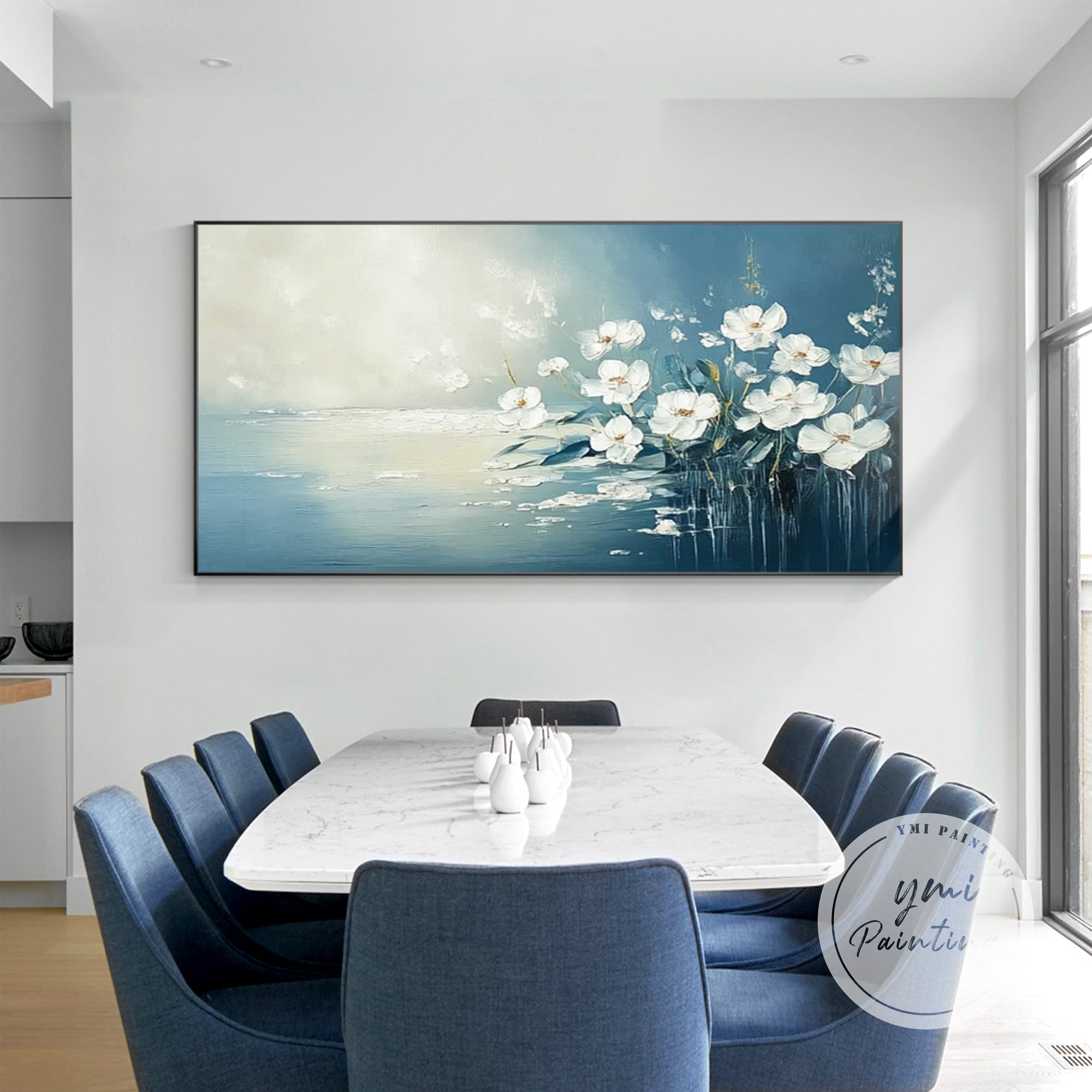 Modern floral canvas art with serene blue background