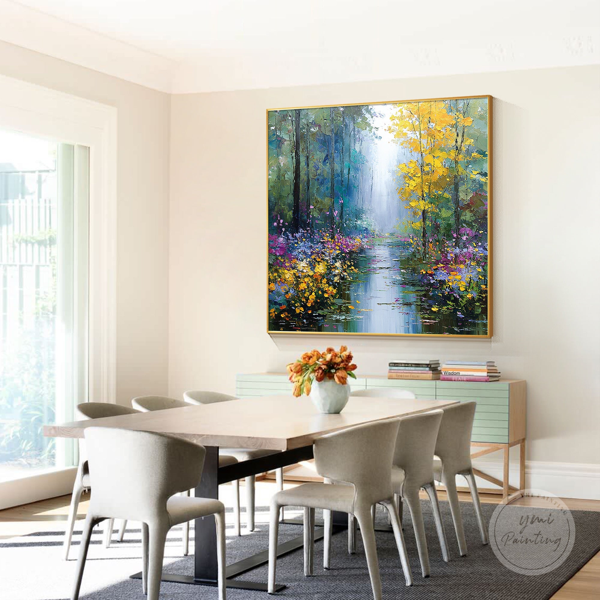 Sunlit forest path painting in impressionist style, ideal for living rooms or bedrooms.