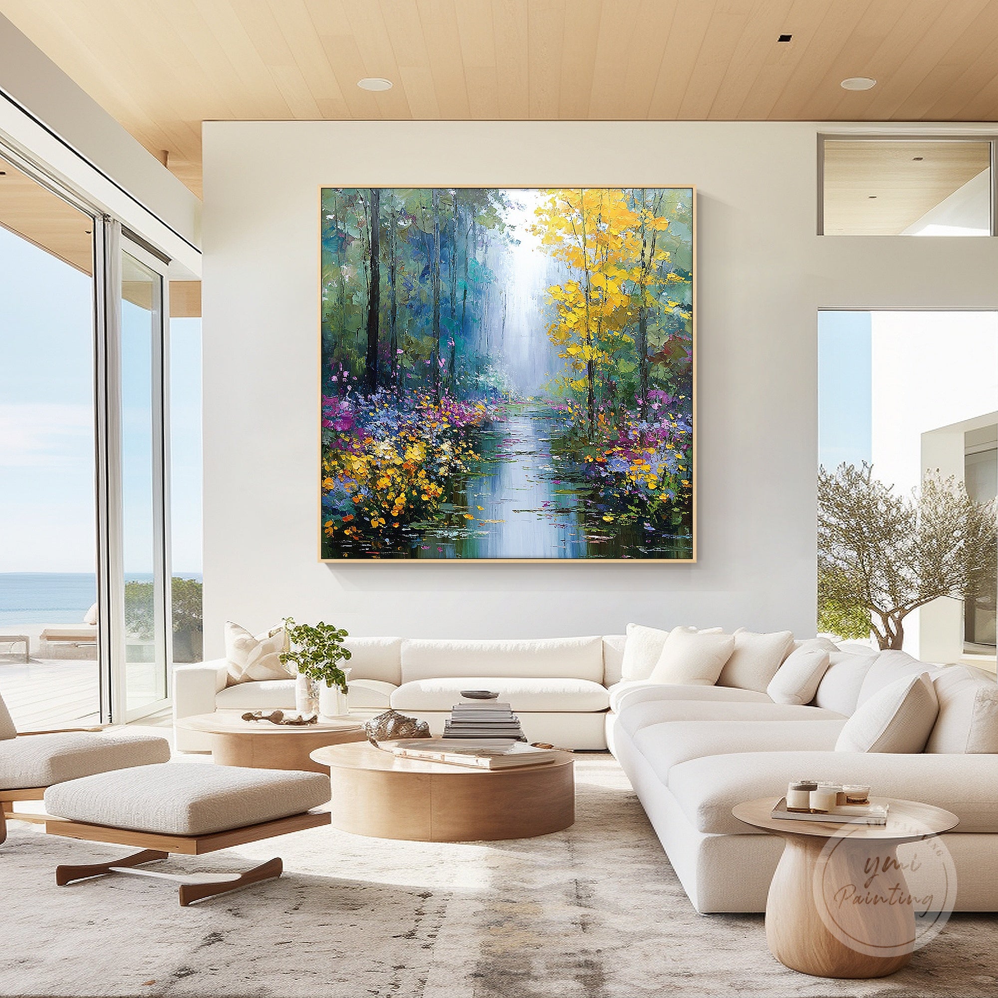 Impressionist forest landscape painting with rich textures and warm natural light.