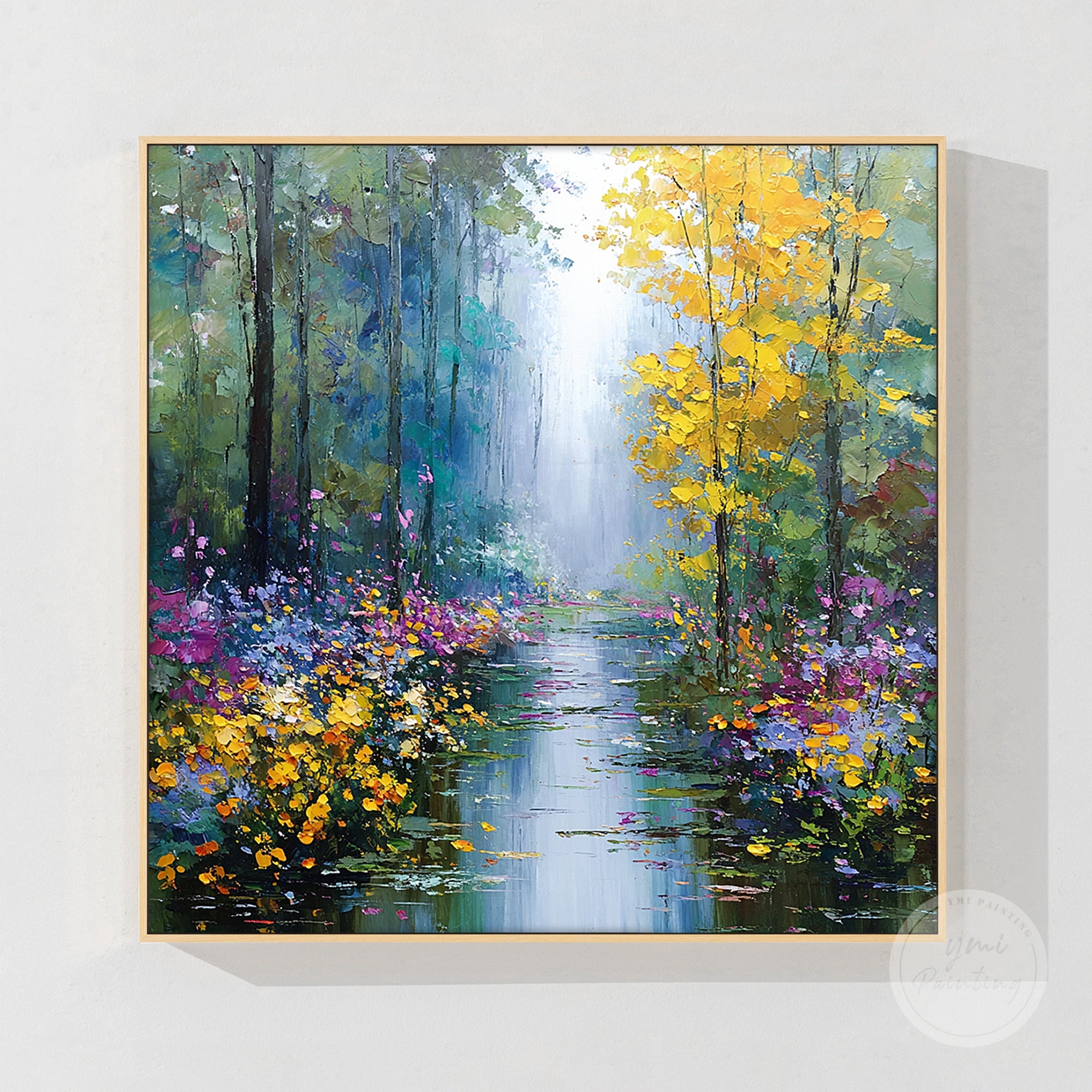 Forest path oil painting with soft brushstrokes, creating a serene and inviting atmosphere.