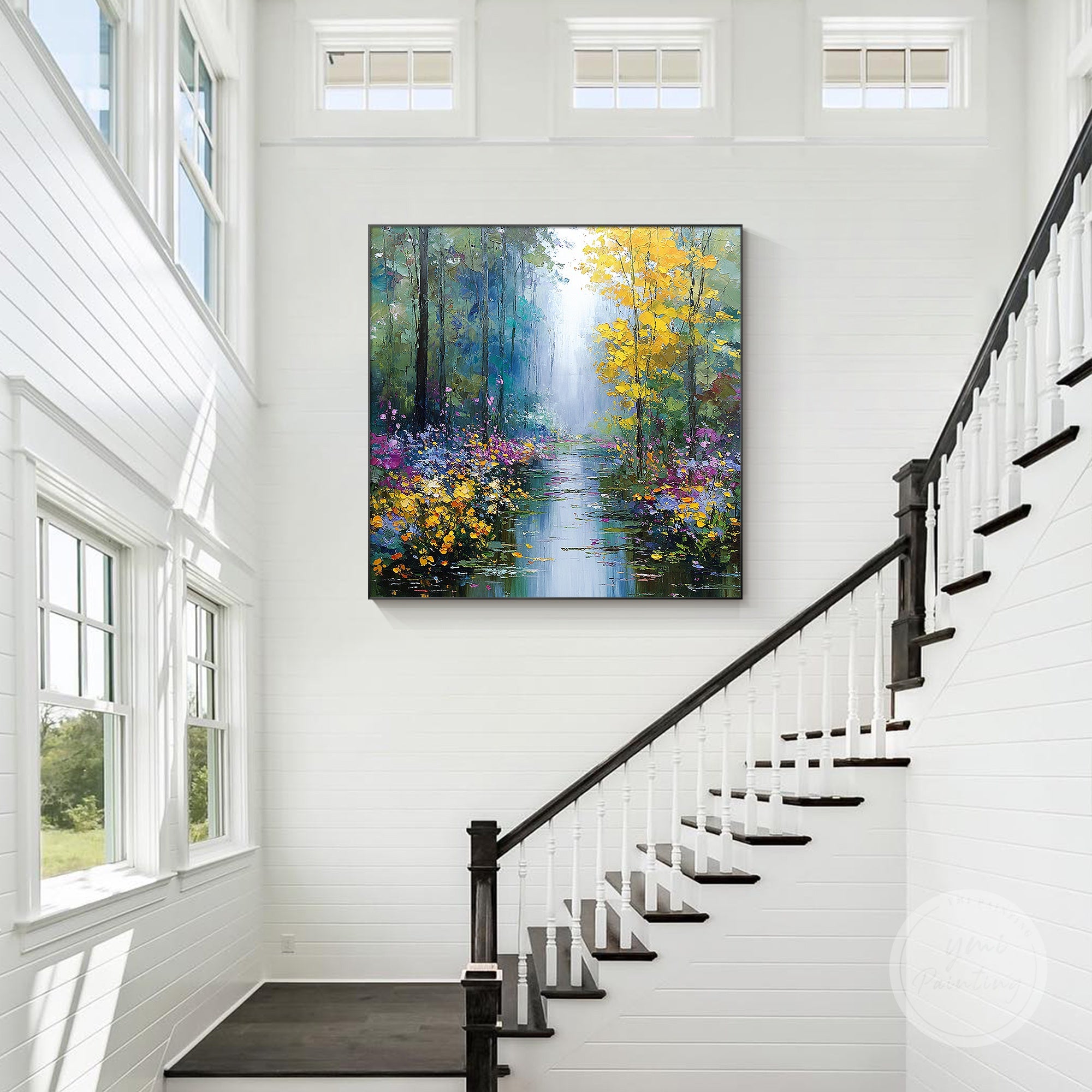 Peaceful woodland wall art on canvas, inspired by gardens and forest trails.