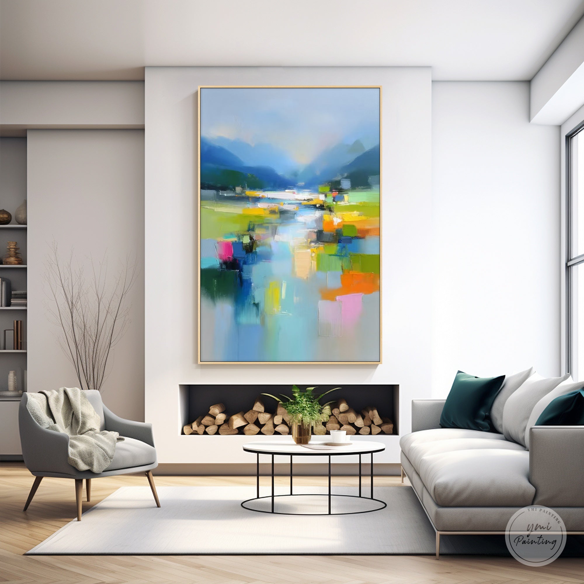 River and mountain impressionist wall art styled in a living room