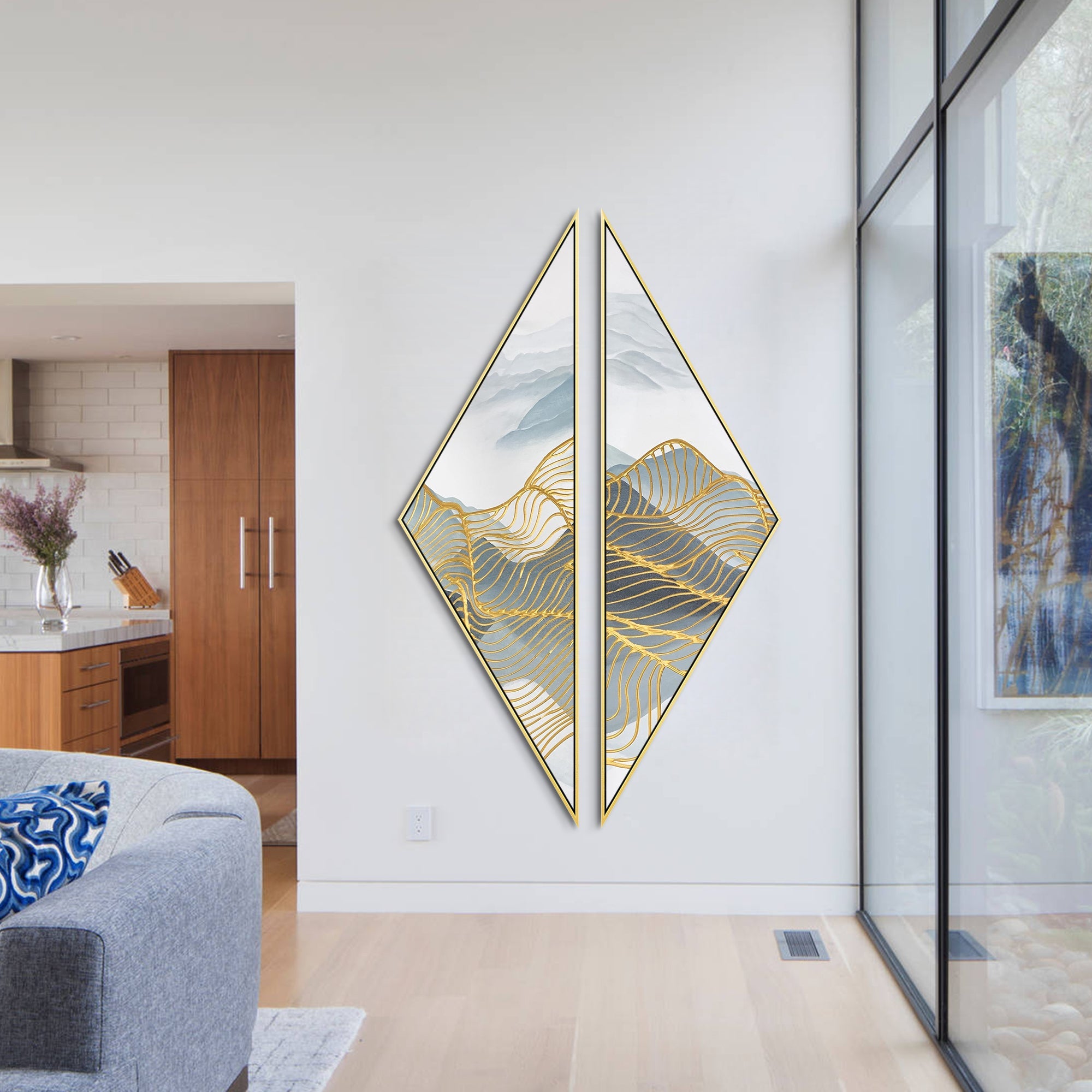 Ink-style mountain abstract canvas with gold accents