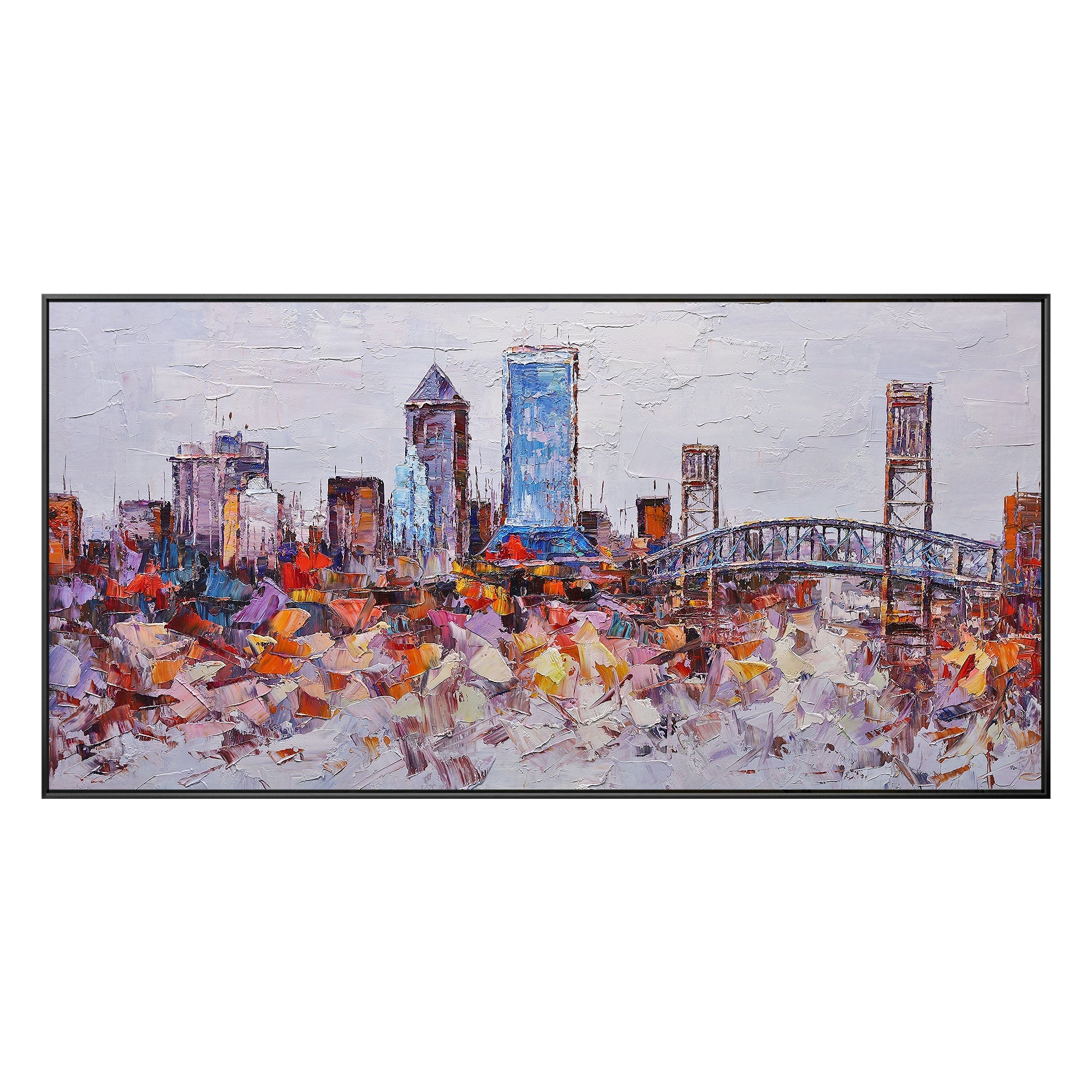 Framed oil painting of Jacksonville, Florida, featuring abstract palette knife strokes and vibrant color palette.