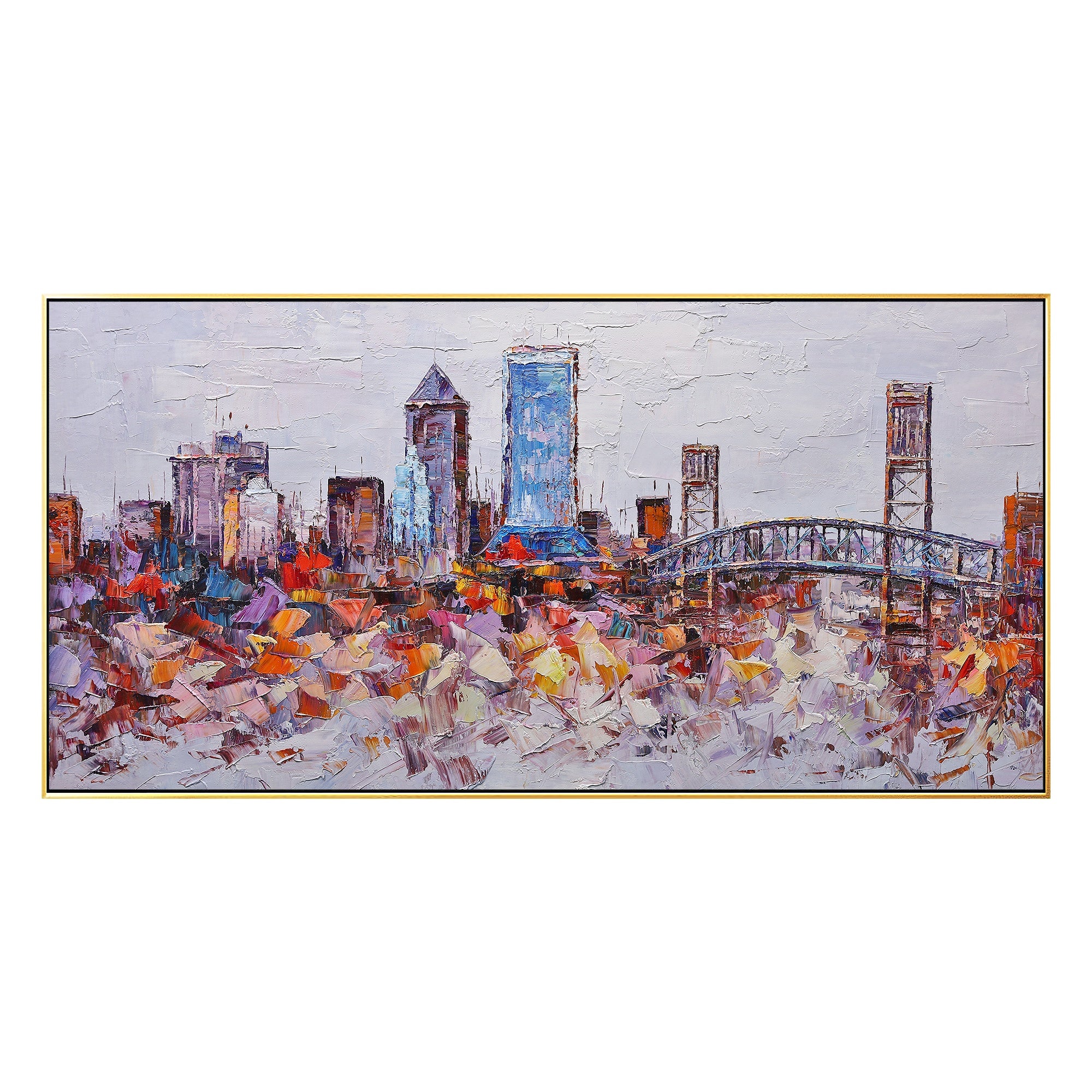 Hand-painted Jacksonville cityscape, adding a contemporary, textured urban feel to your space.