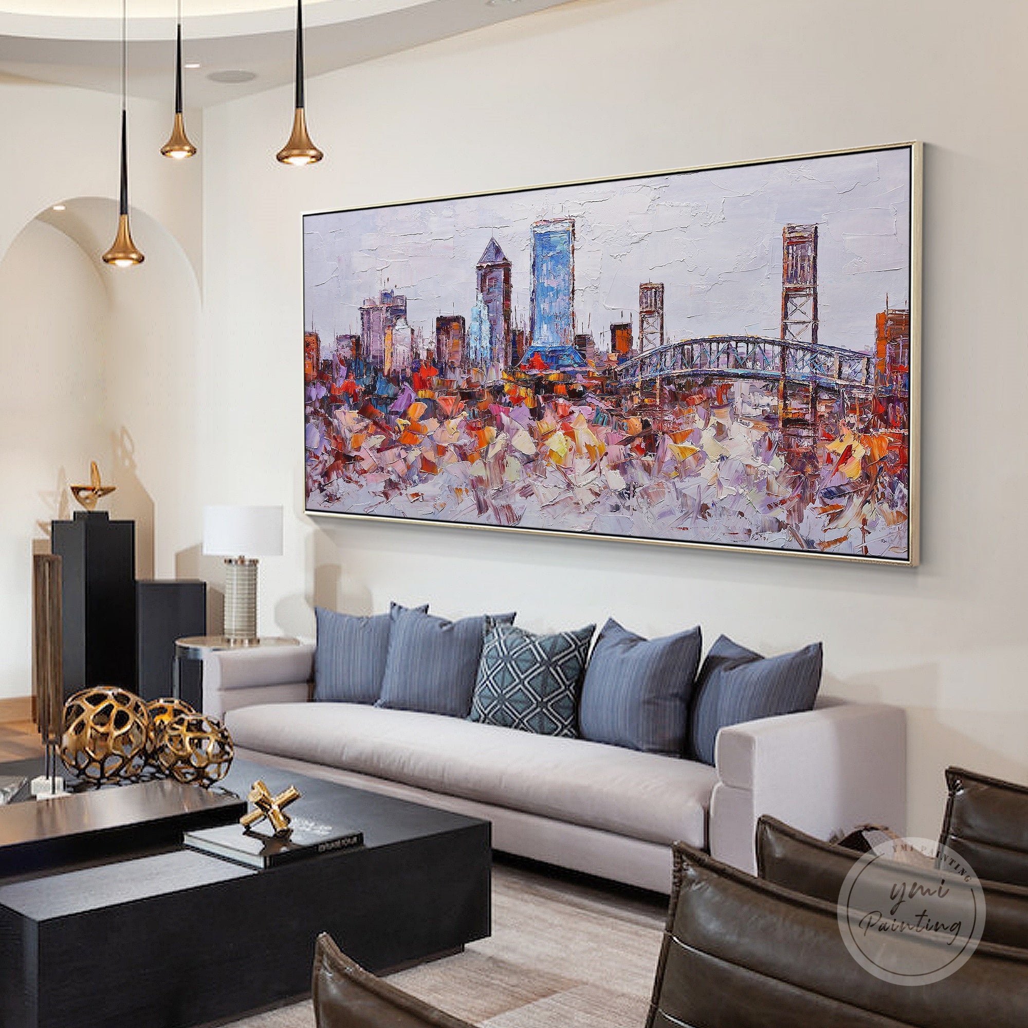 Abstract oil painting of Jacksonville, Florida’s skyline with bold strokes and rich texture.