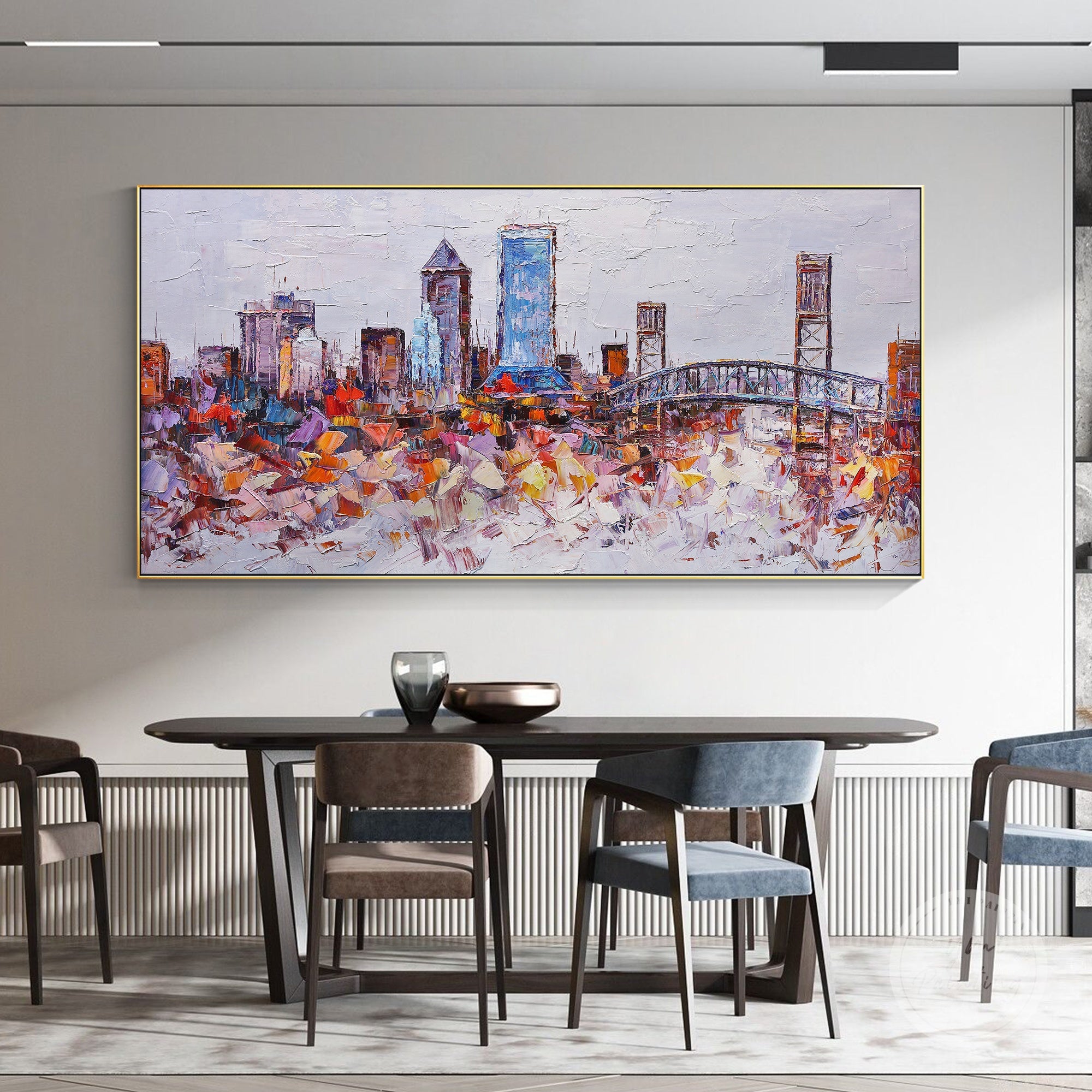 Framed oil painting of Jacksonville, Florida, featuring abstract palette knife strokes and vibrant color palette.