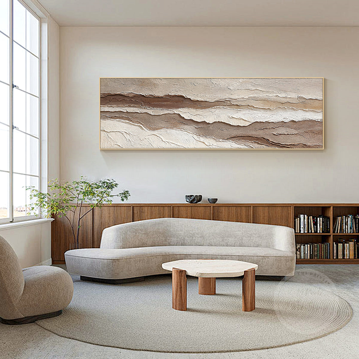 Horizontal abstract artwork with organic layered forms and earthy tones