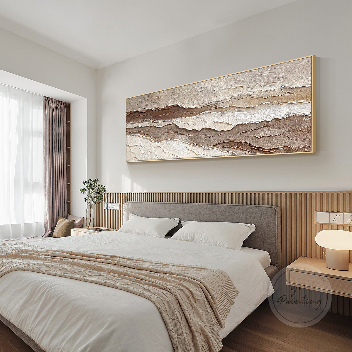 Textured beige abstract artwork with brown layered forms and organic contours