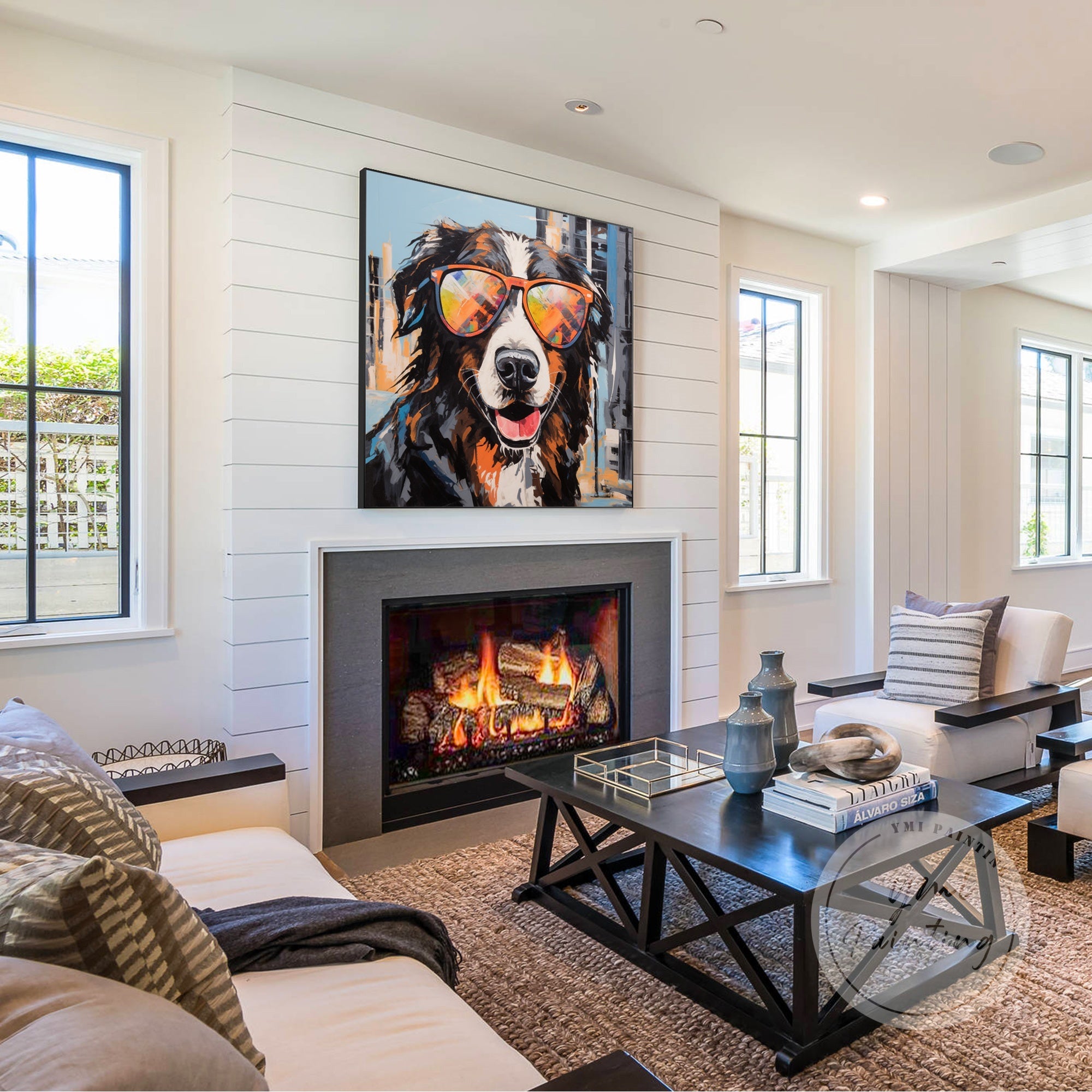This lively artwork of a dog wearing colorful sunglasses adds warmth and energy to your bedroom decor.