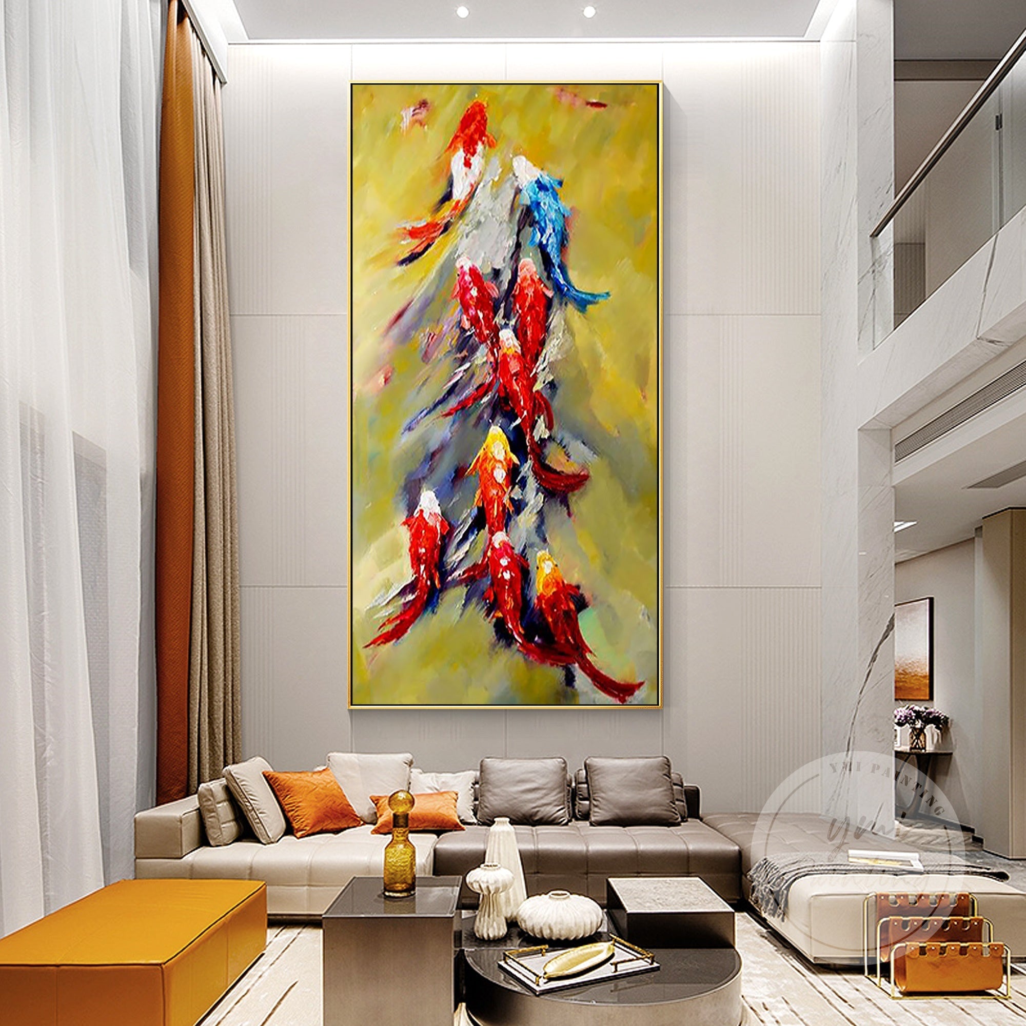 Abstract oil painting of red and gold koi fish leaping vertically