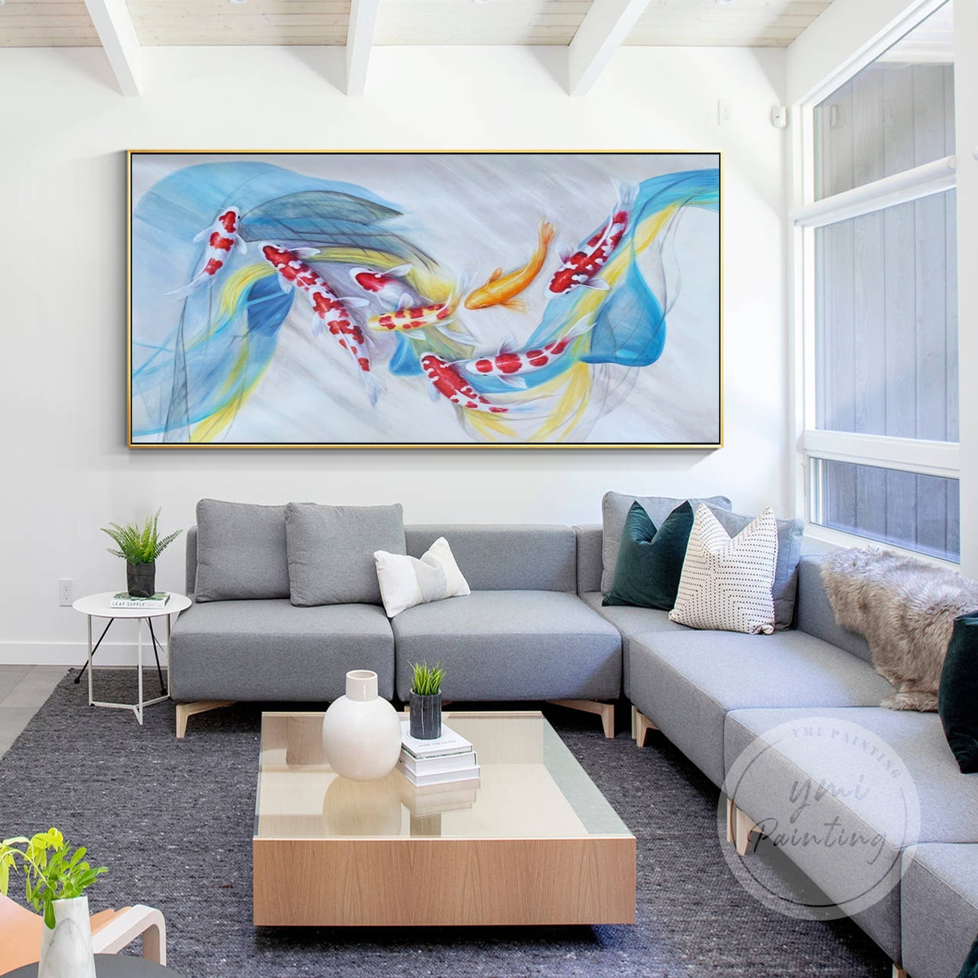 Koi fish painting with red, gold, and white koi swimming in fluid blue and yellow currents.