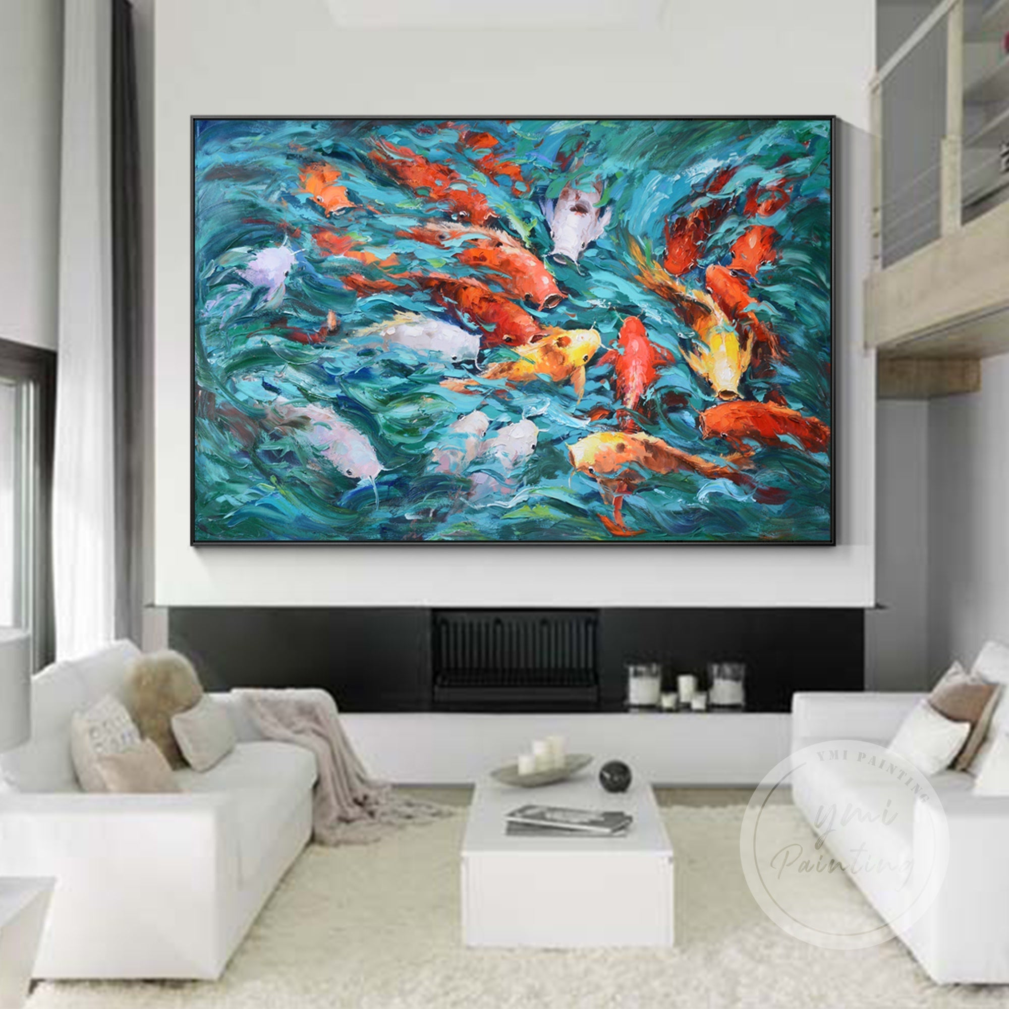 Acrylic painting showing three koi fish swimming through turquoise water