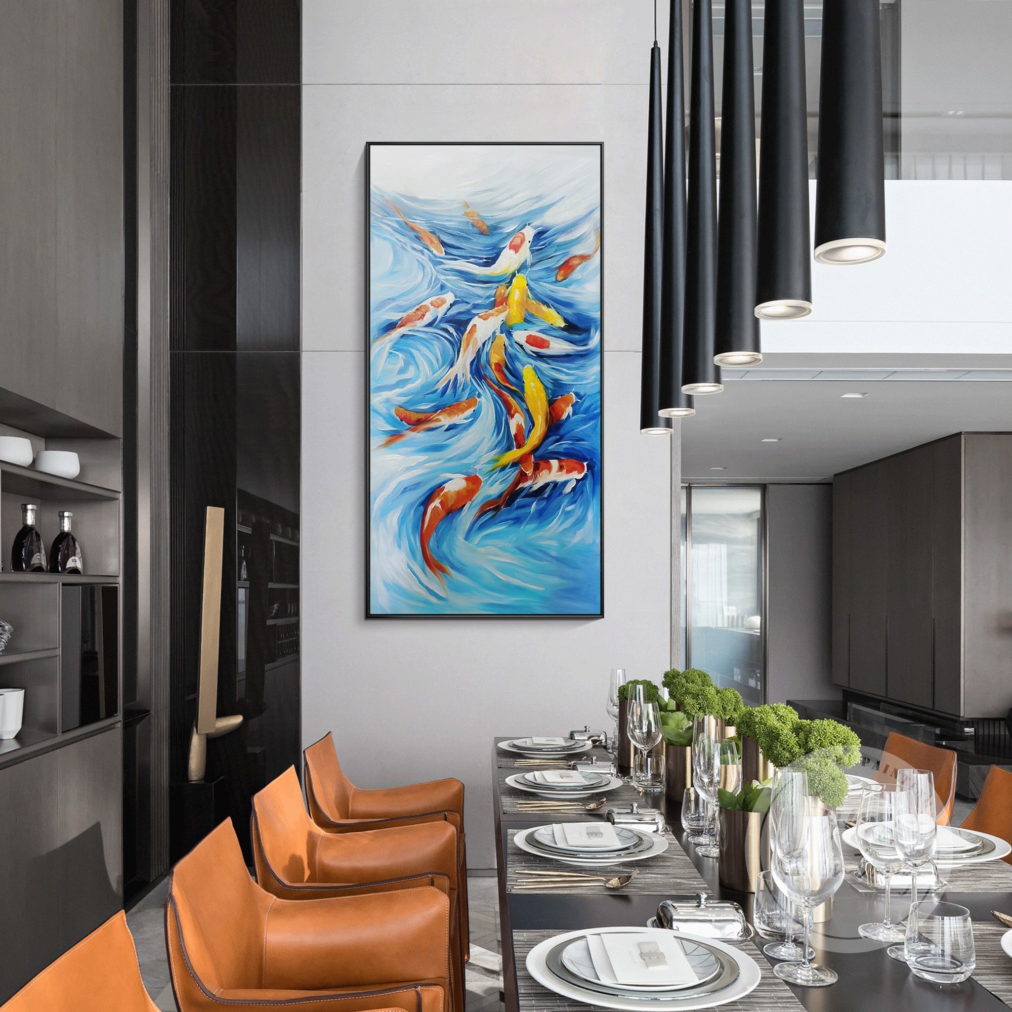 Abstract oil painting of koi fish swimming in blue water on white background