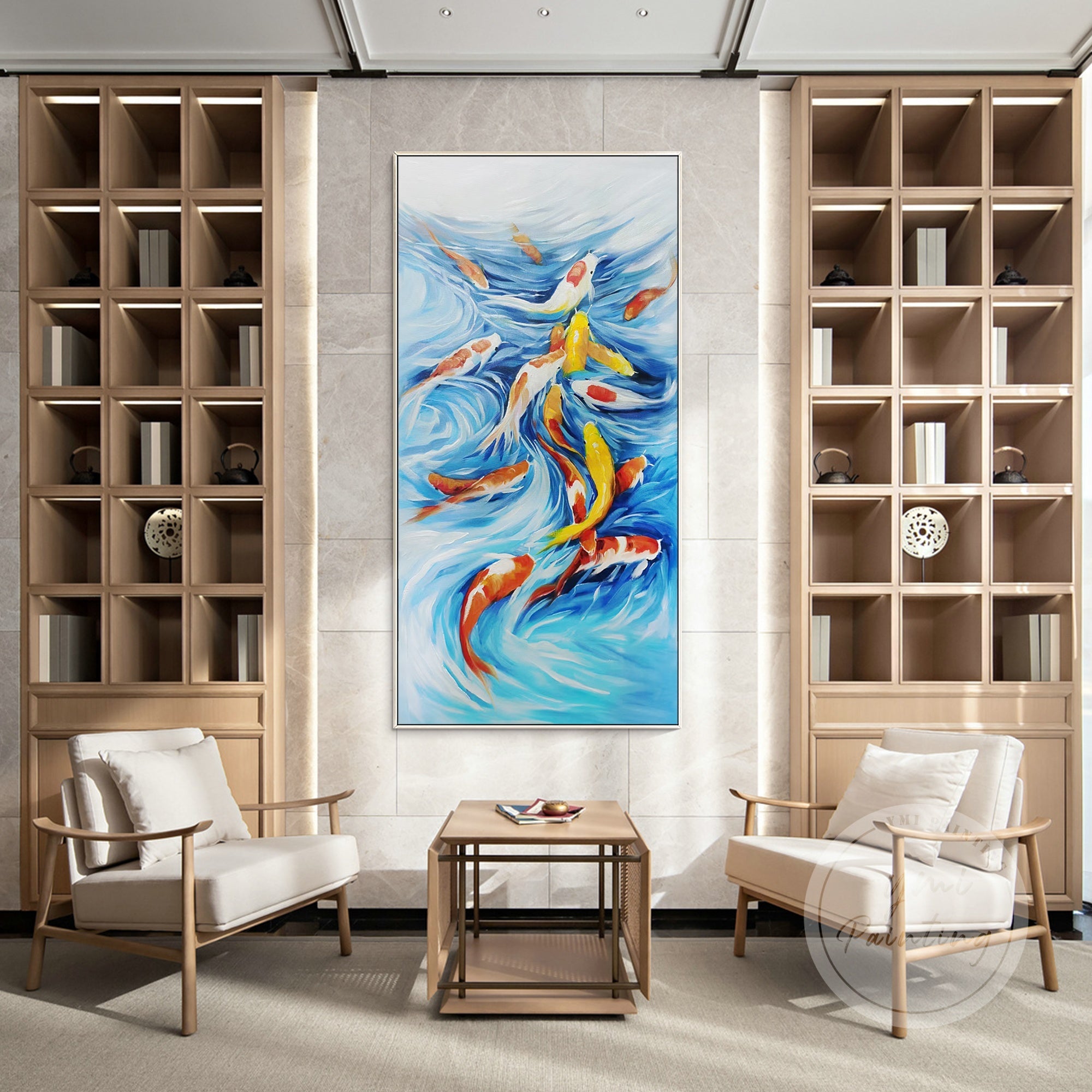 Long vertical canvas featuring multiple koi fish in flowing motion