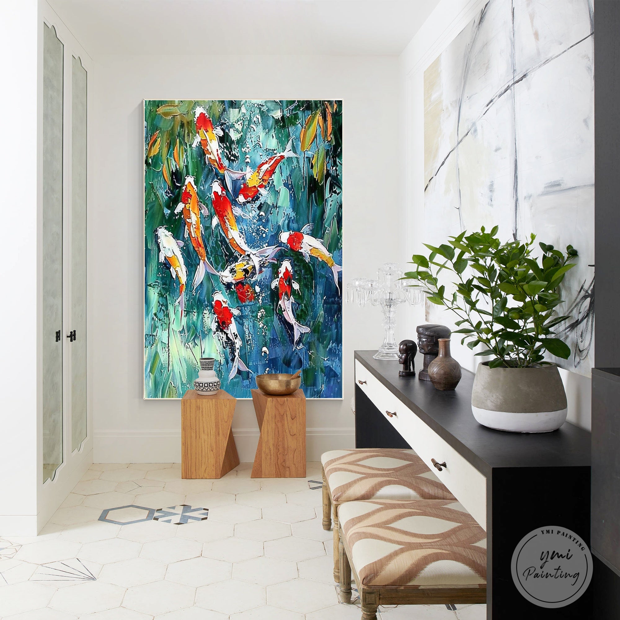 Colorful koi fish canvas painting presented as wall art in an entryway area.
