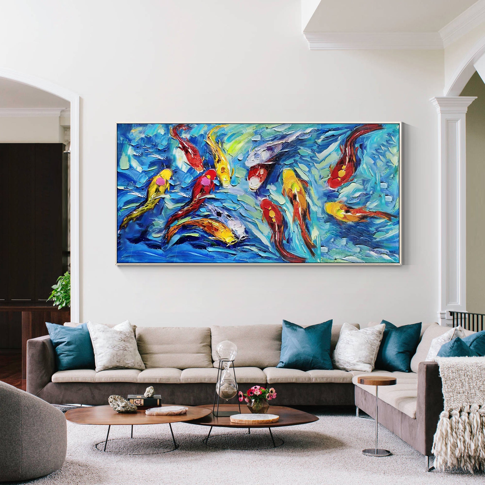 Oil painting of koi fish with flowing blue-green water effects