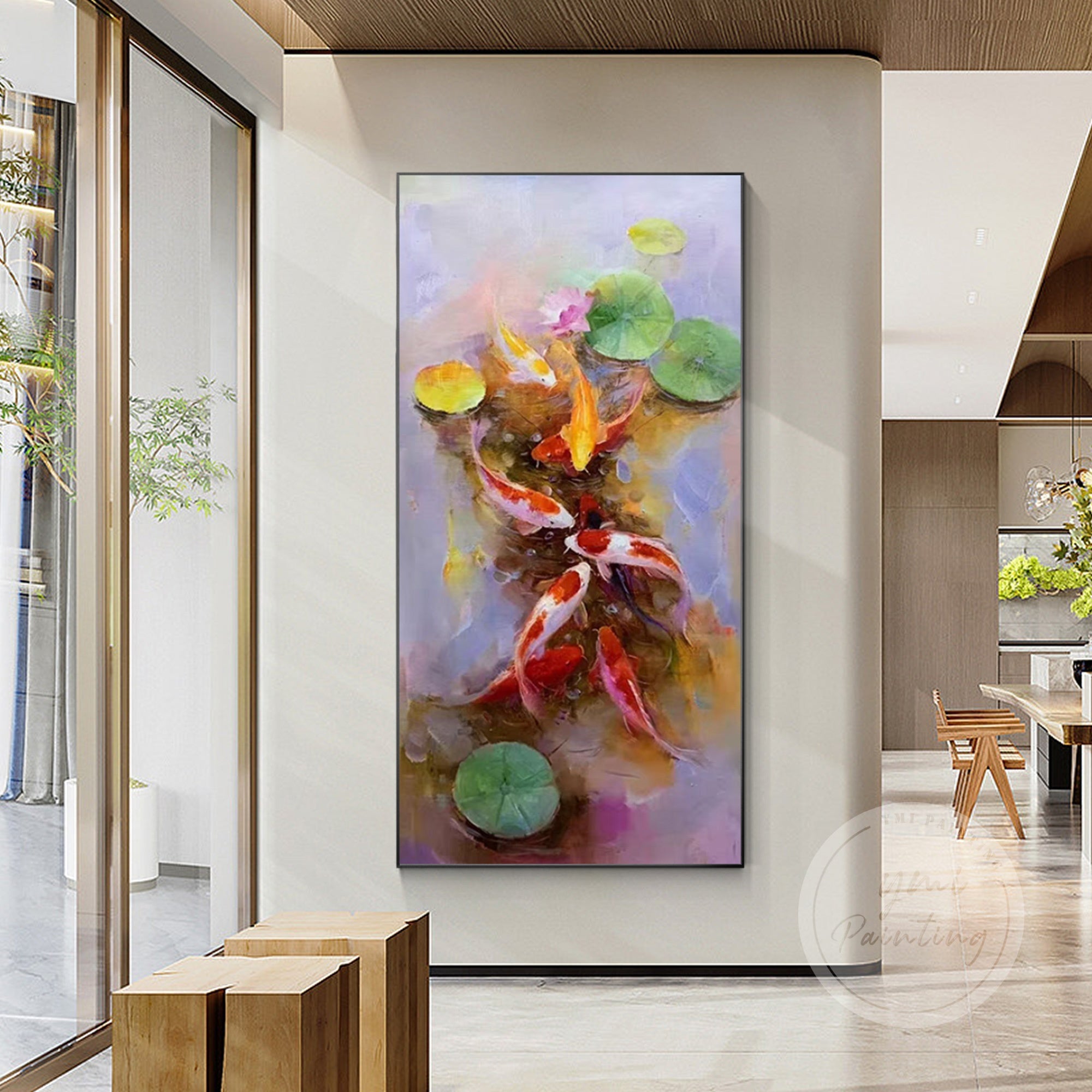 Mysterious koi fish and lotus painting with harmonious tones