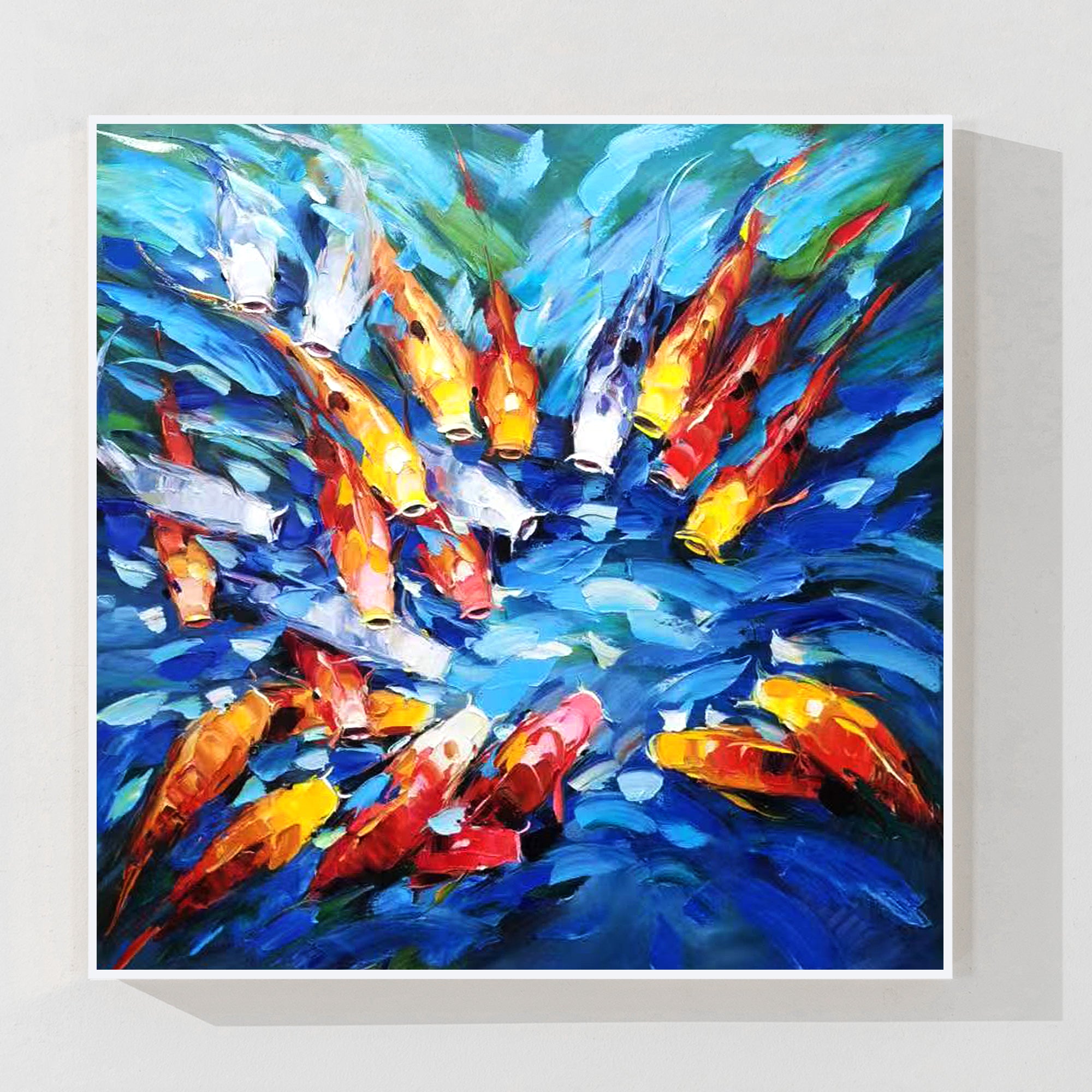Vibrant koi fish painting with bold colors and textured brushstrokes, symbolizing prosperity.