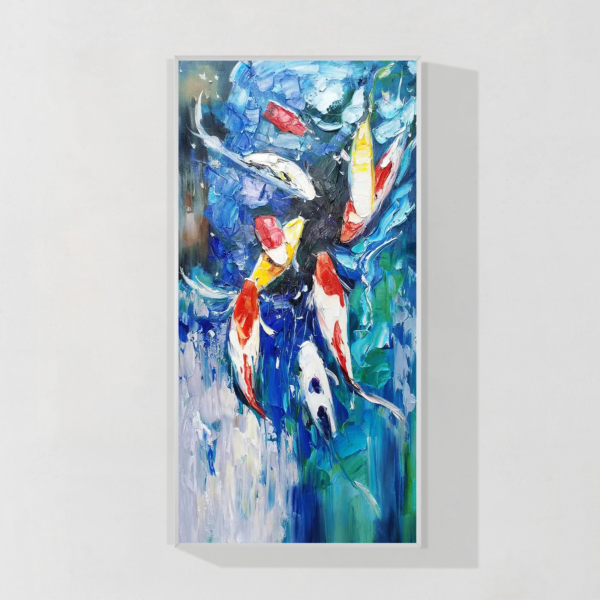 Hand-painted koi fish wall art featuring bold colors and textured brushstrokes.