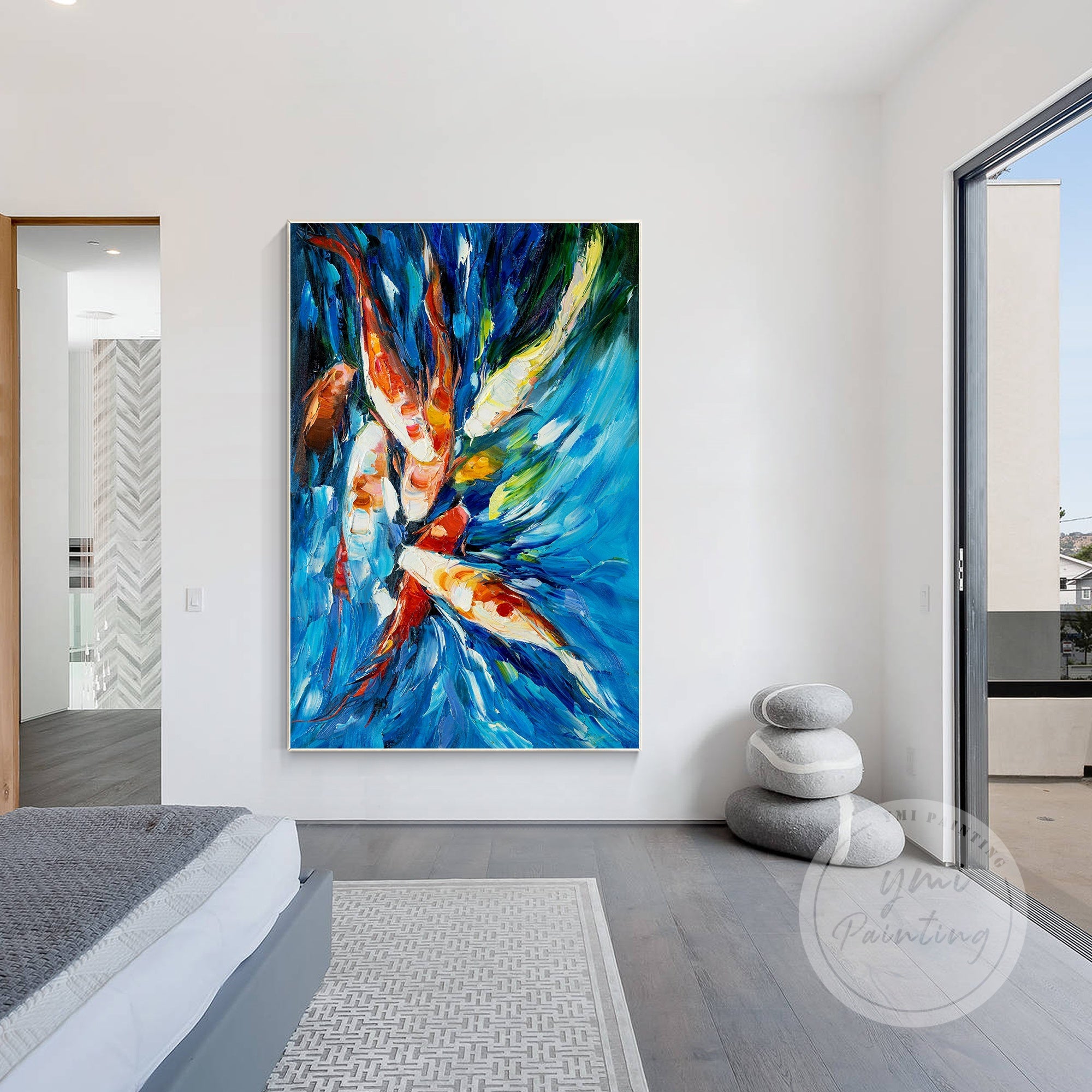 Hand-painted abstract koi fish wall art with vibrant red, orange, and yellow colors on a blue background.