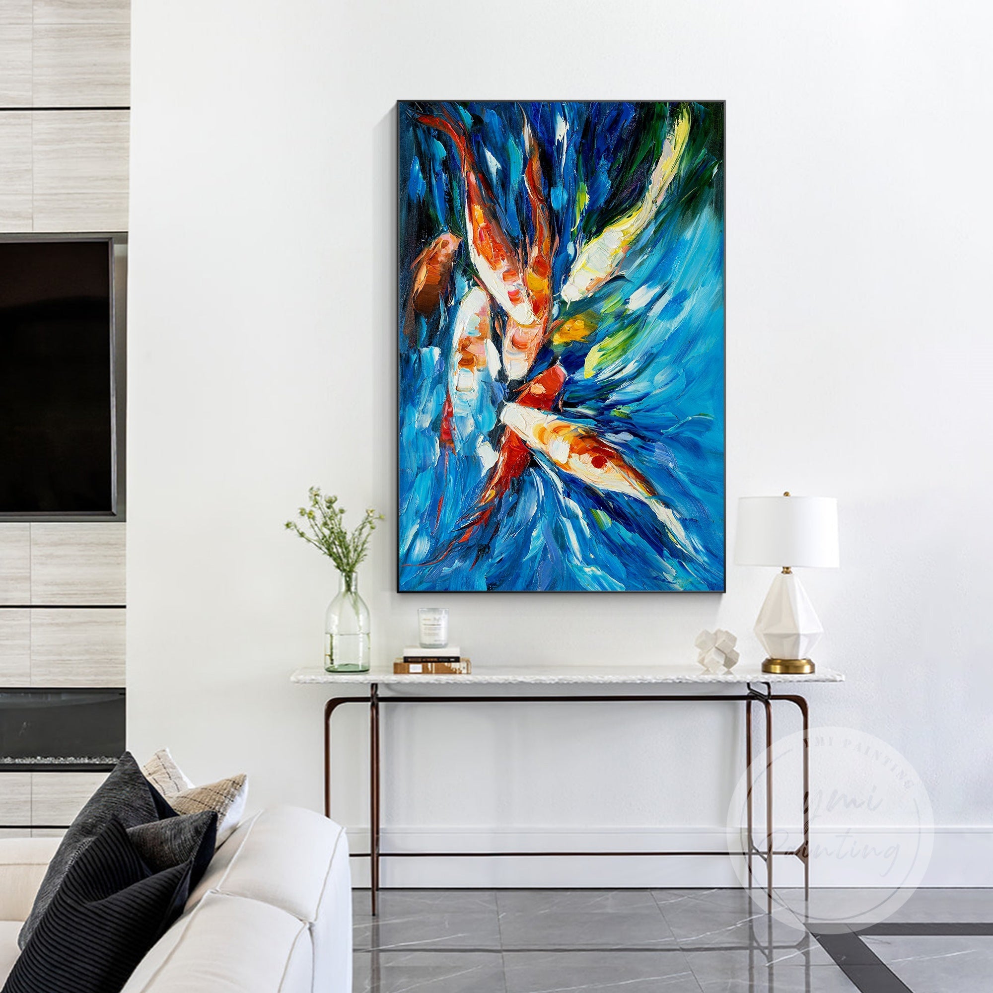 Red and orange koi fish leaping in water, a lively abstract painting for wall decor.