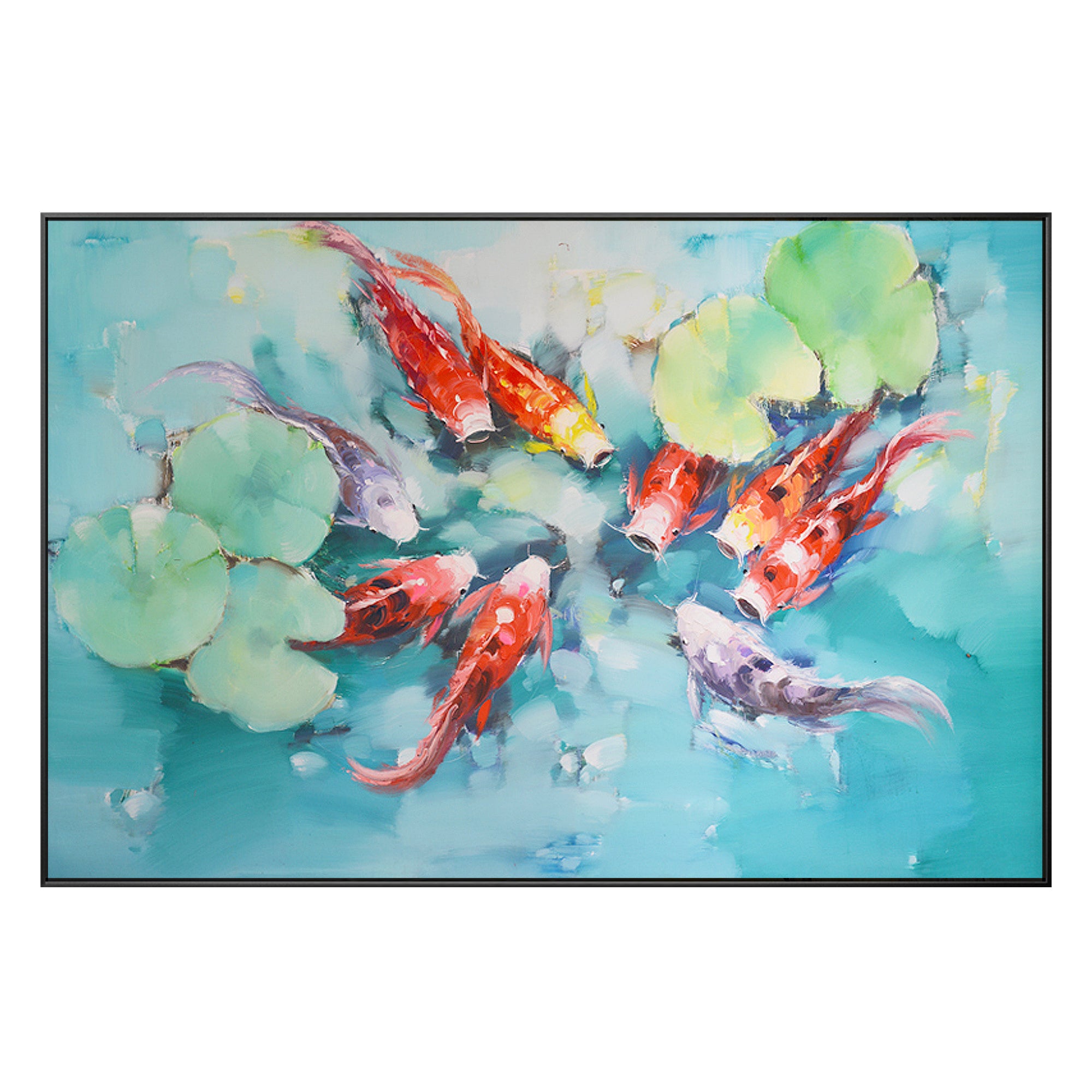 Detailed brushstrokes bring koi fish to life in a serene oil painting with vibrant colors and textured gray background.