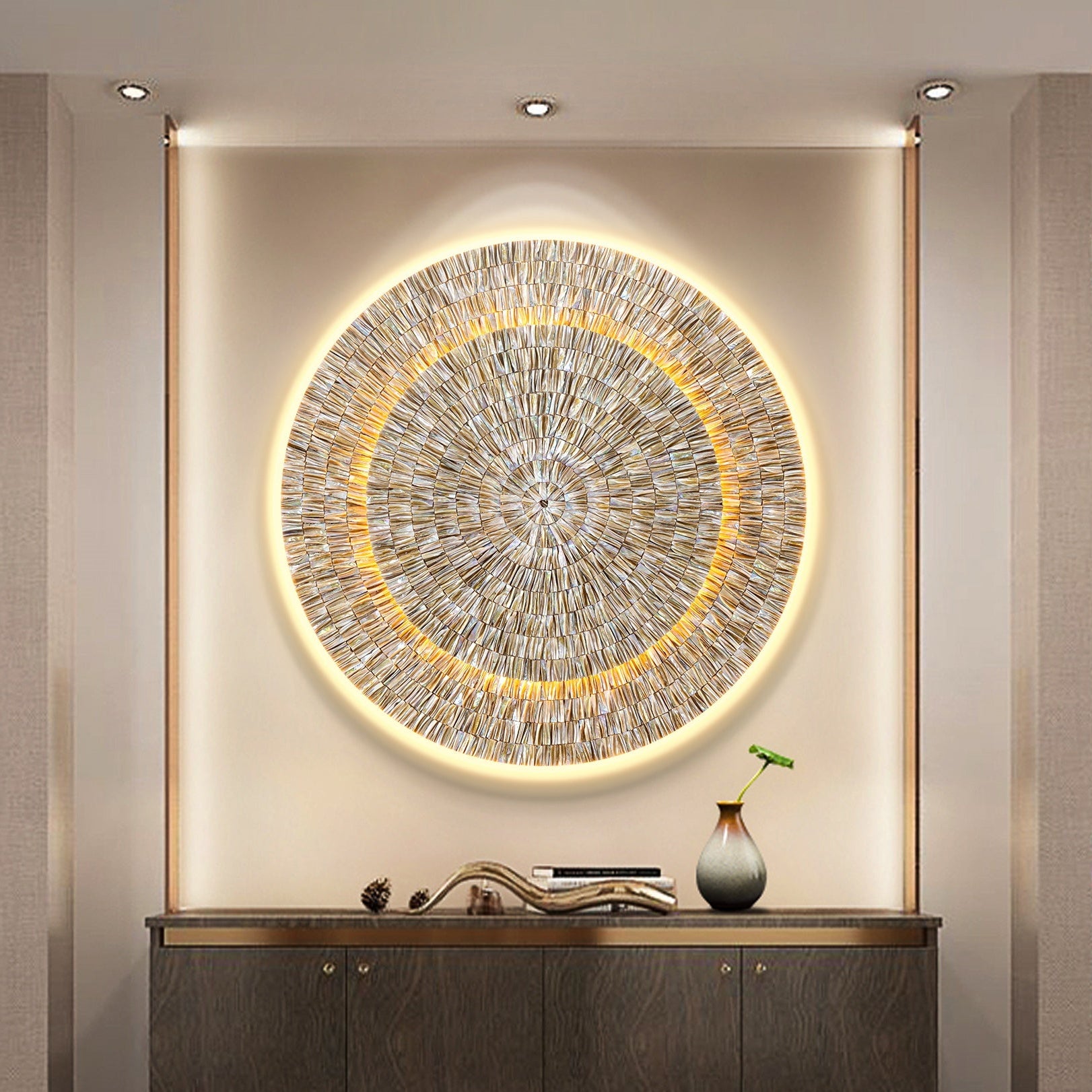 ديكور حائطي LED بغطاء دائري مزدوج الطبقات للمنازل الفاخرة ذات الطراز الساحلي.