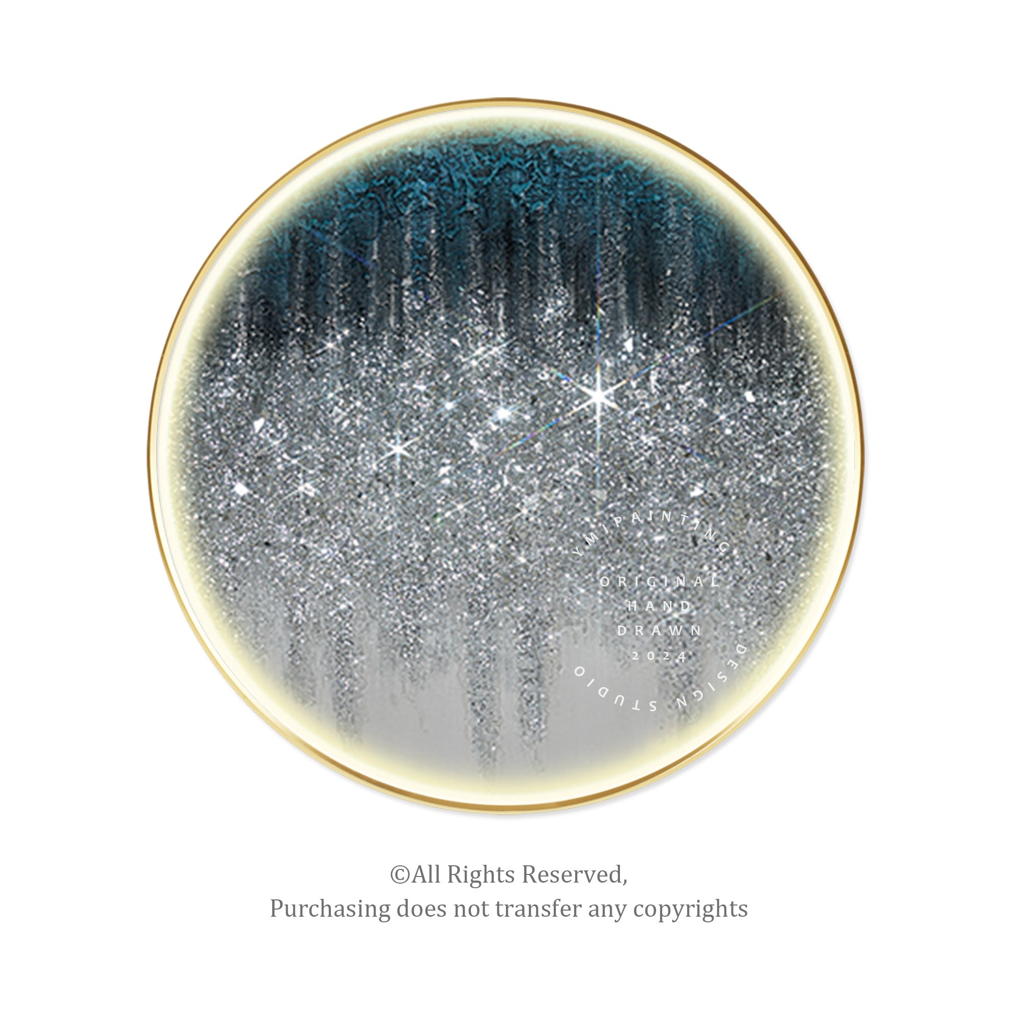 Round silver LED wall art with warm color tones, glitter, and crushed glass, perfect for living rooms.