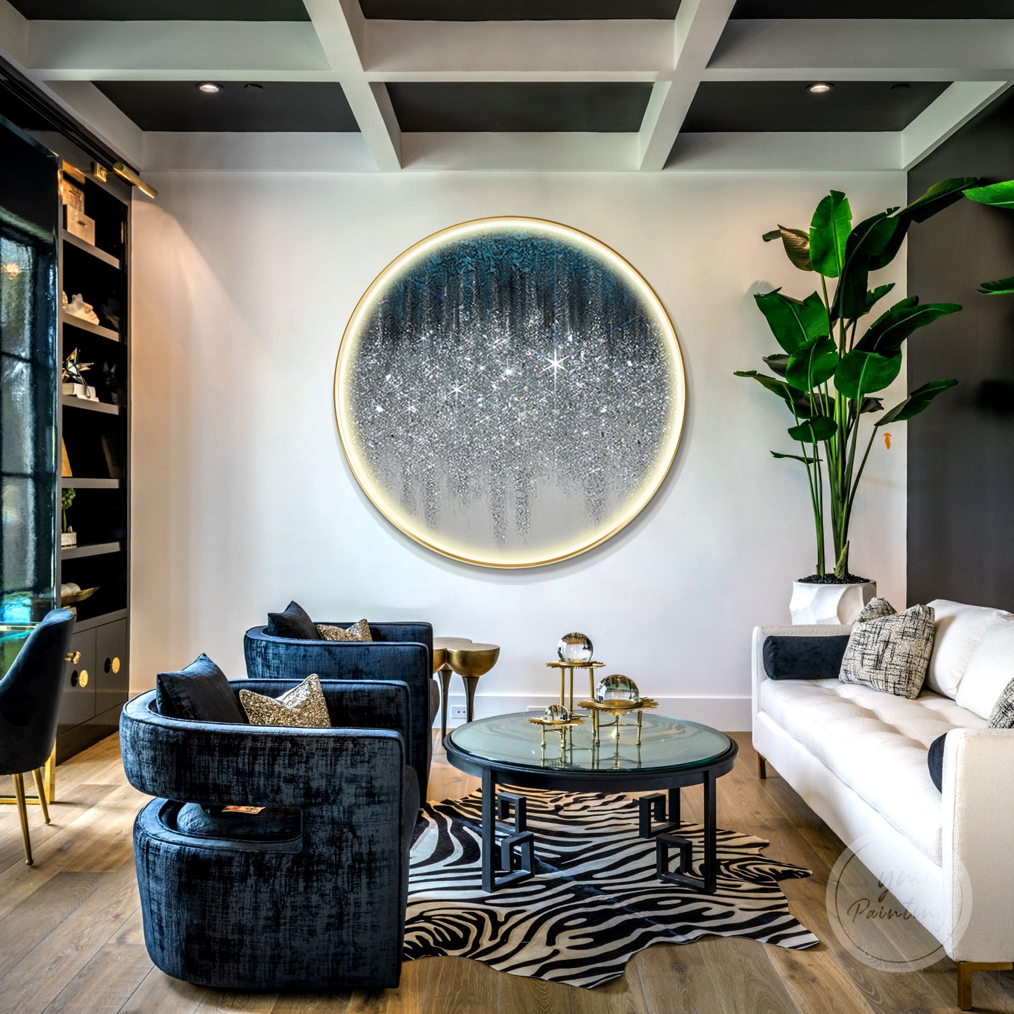 LED warm color painting with crushed glass and glitter, ideal for modern bedrooms or offices.